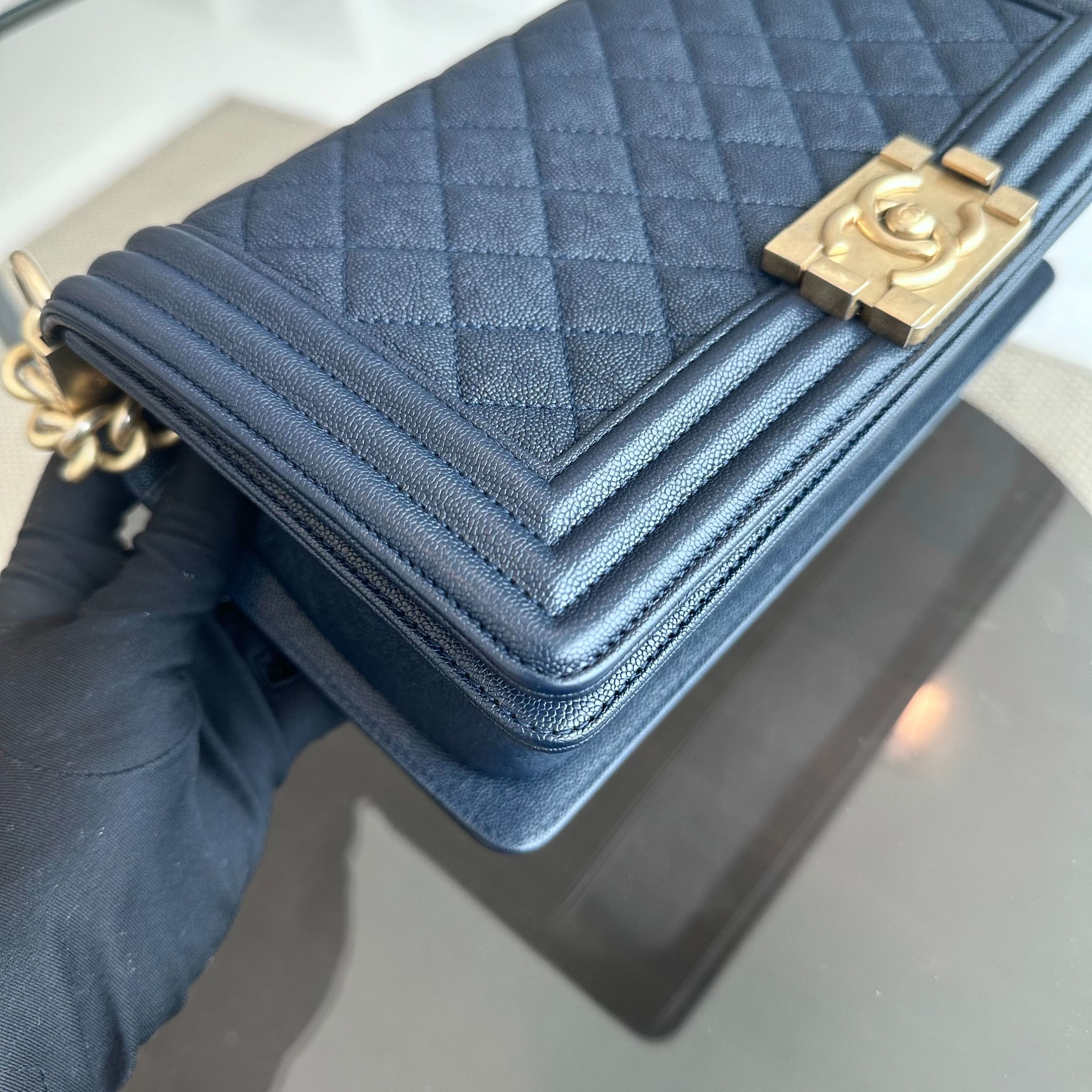 *Series 27, 2019* Chanel Boy Caviar Old Medium 25CM Quilted Calfskin Dark Blue GHW No 27 S$5,600 - Luxury Evermore