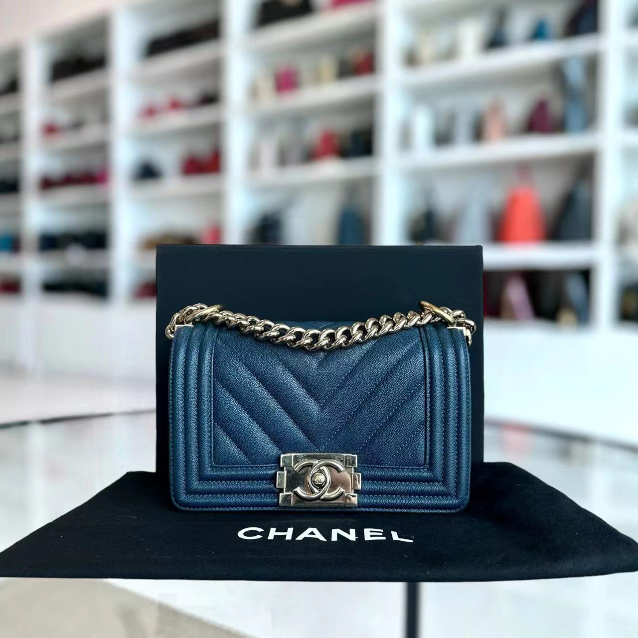 *Series 28, 2019* Chanel Caviar Boy Small 20CM Chevron Grained Calfskin Dark Blue Leboy Golden Hardware Series 28 - Luxury Evermore