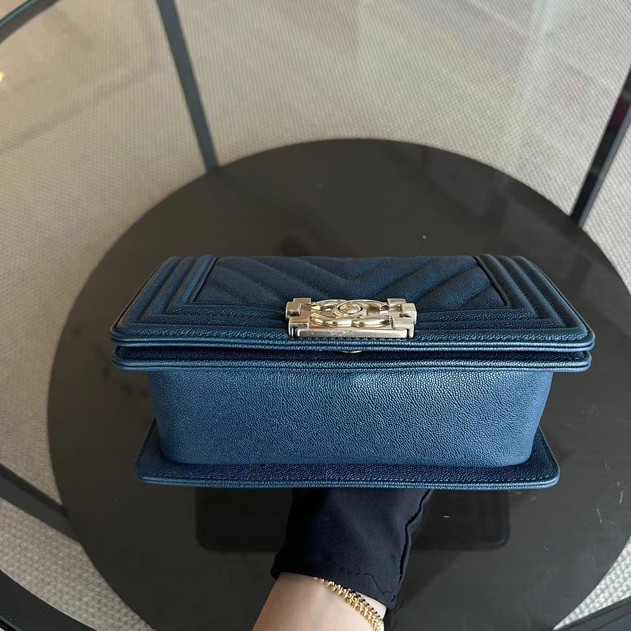 *Series 28, 2019* Chanel Caviar Boy Small 20CM Chevron Grained Calfskin Dark Blue Leboy Golden Hardware Series 28 - Luxury Evermore