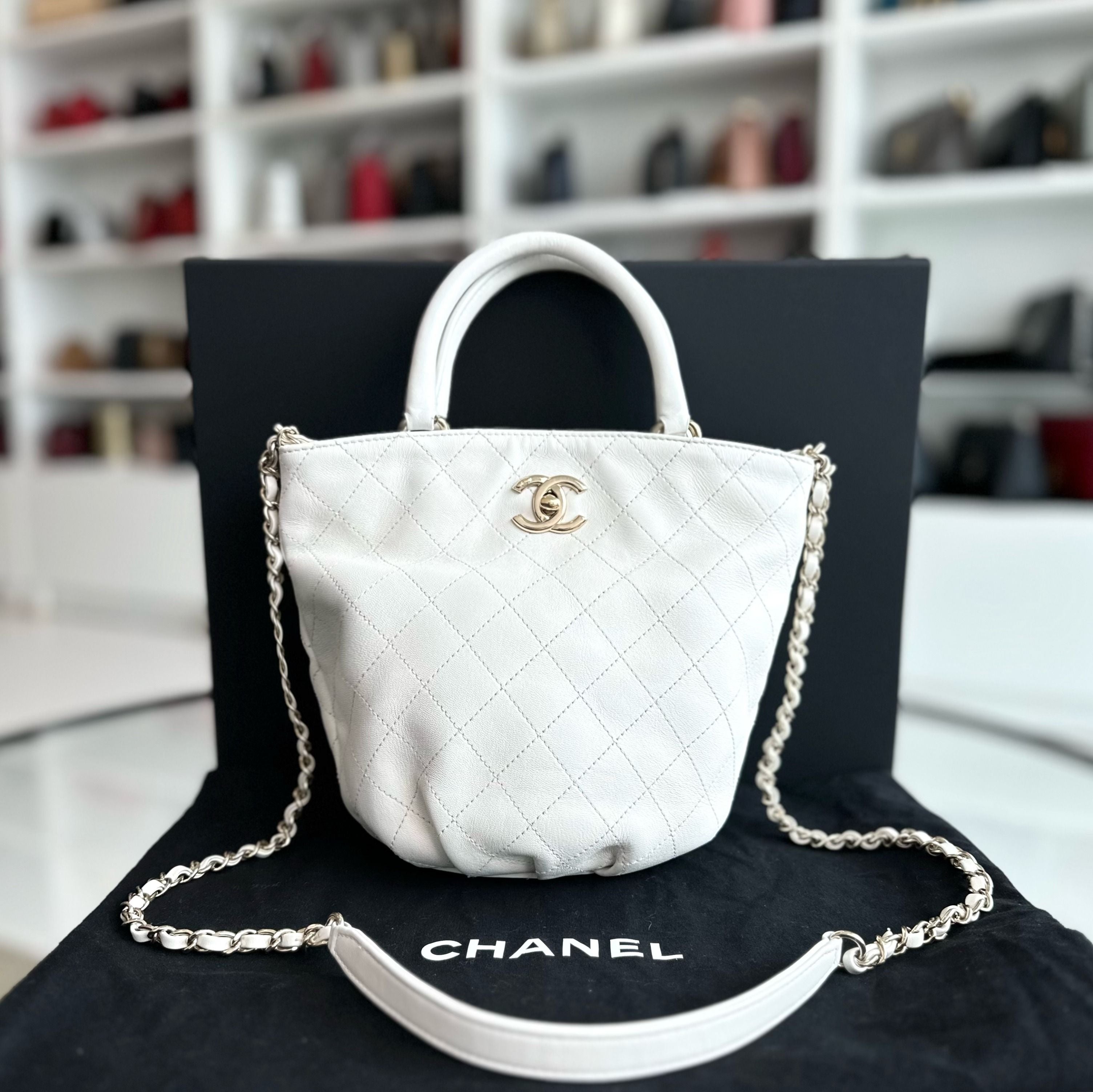 *Series 28* Chanel CC Lock Bucket Tote Stitched Calfskin 2way White GHW No 28 - Luxury Evermore