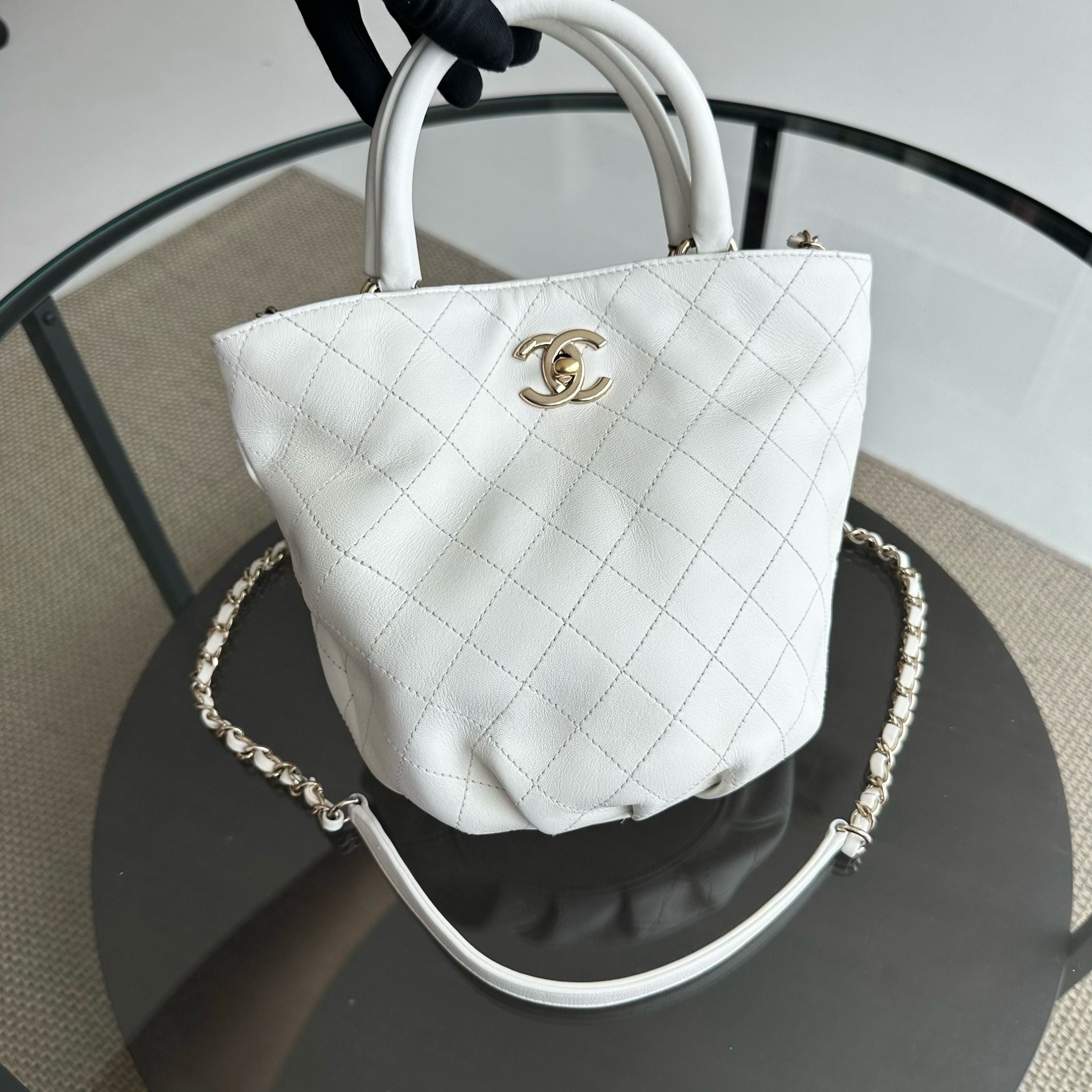 *Series 28* Chanel CC Lock Bucket Tote Stitched Calfskin 2way White GHW No 28 - Luxury Evermore