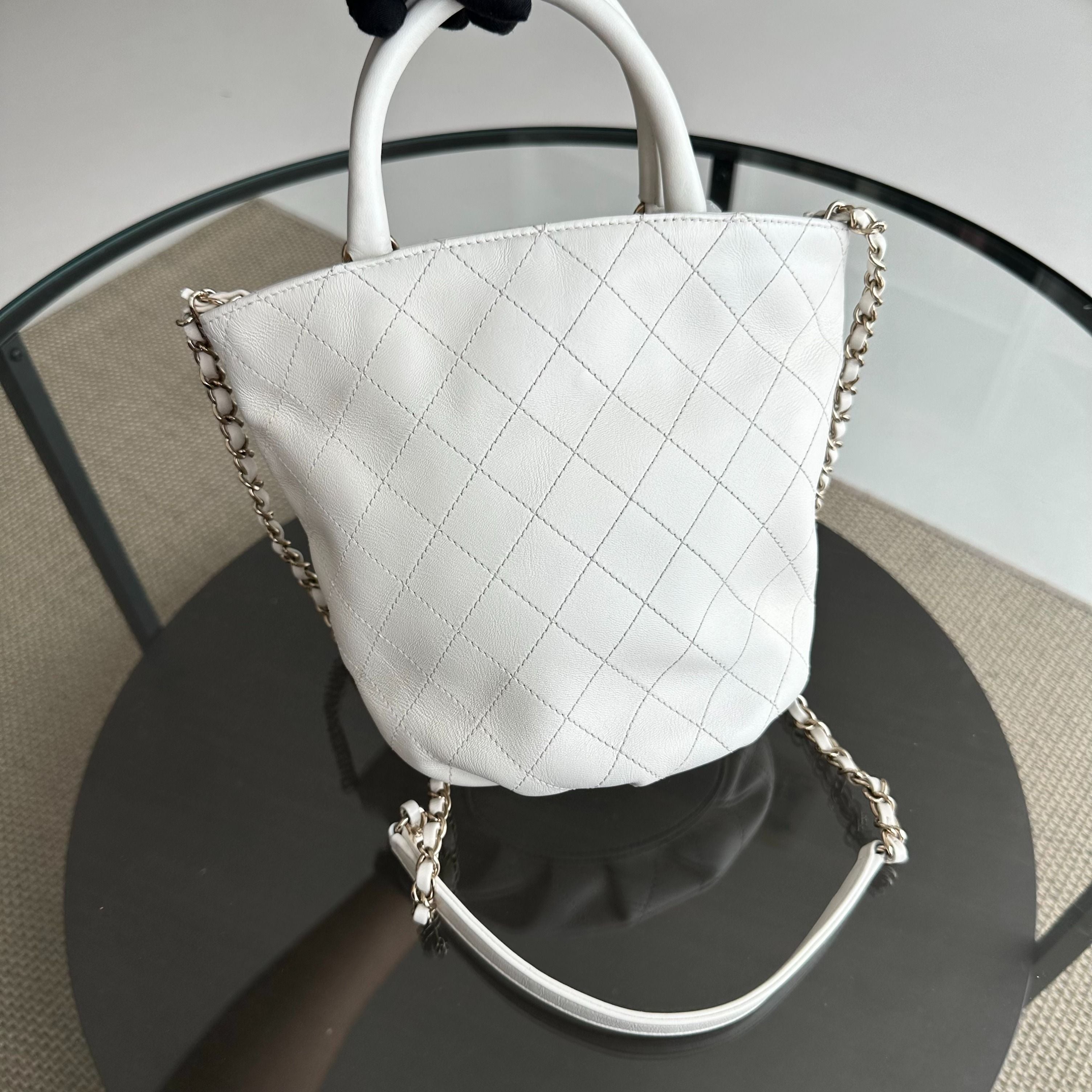 *Series 28* Chanel CC Lock Bucket Tote Stitched Calfskin 2way White GHW No 28 - Luxury Evermore