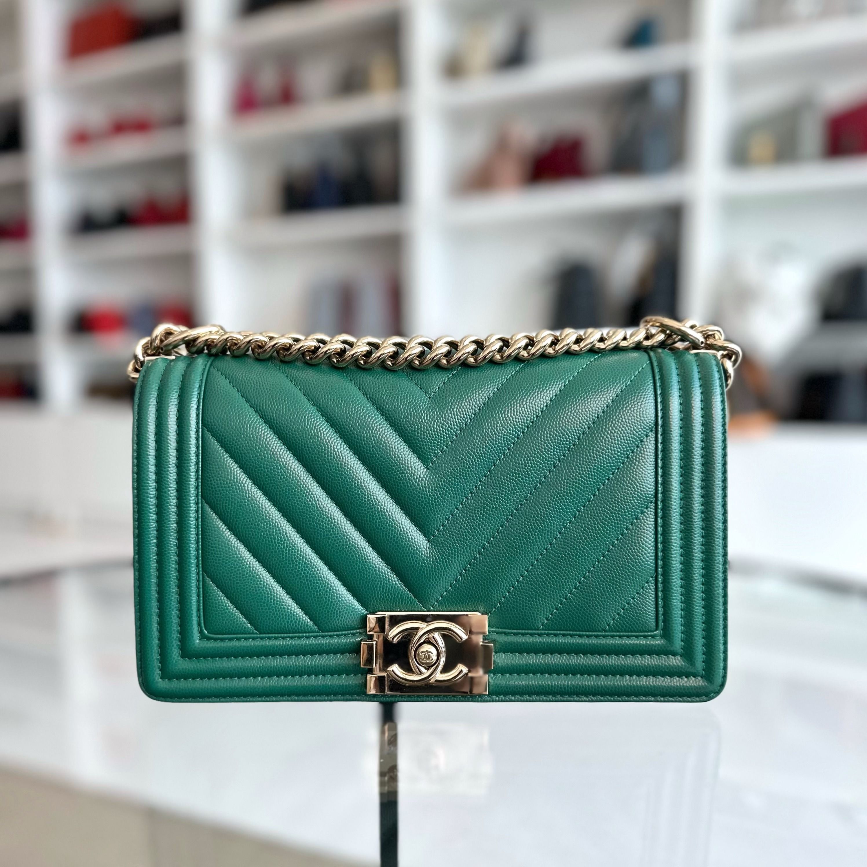 *Series 30* Chanel Caviar Boy Old Medium 25CM Leboy Emerald Green LGHW No 30 - Luxury Evermore