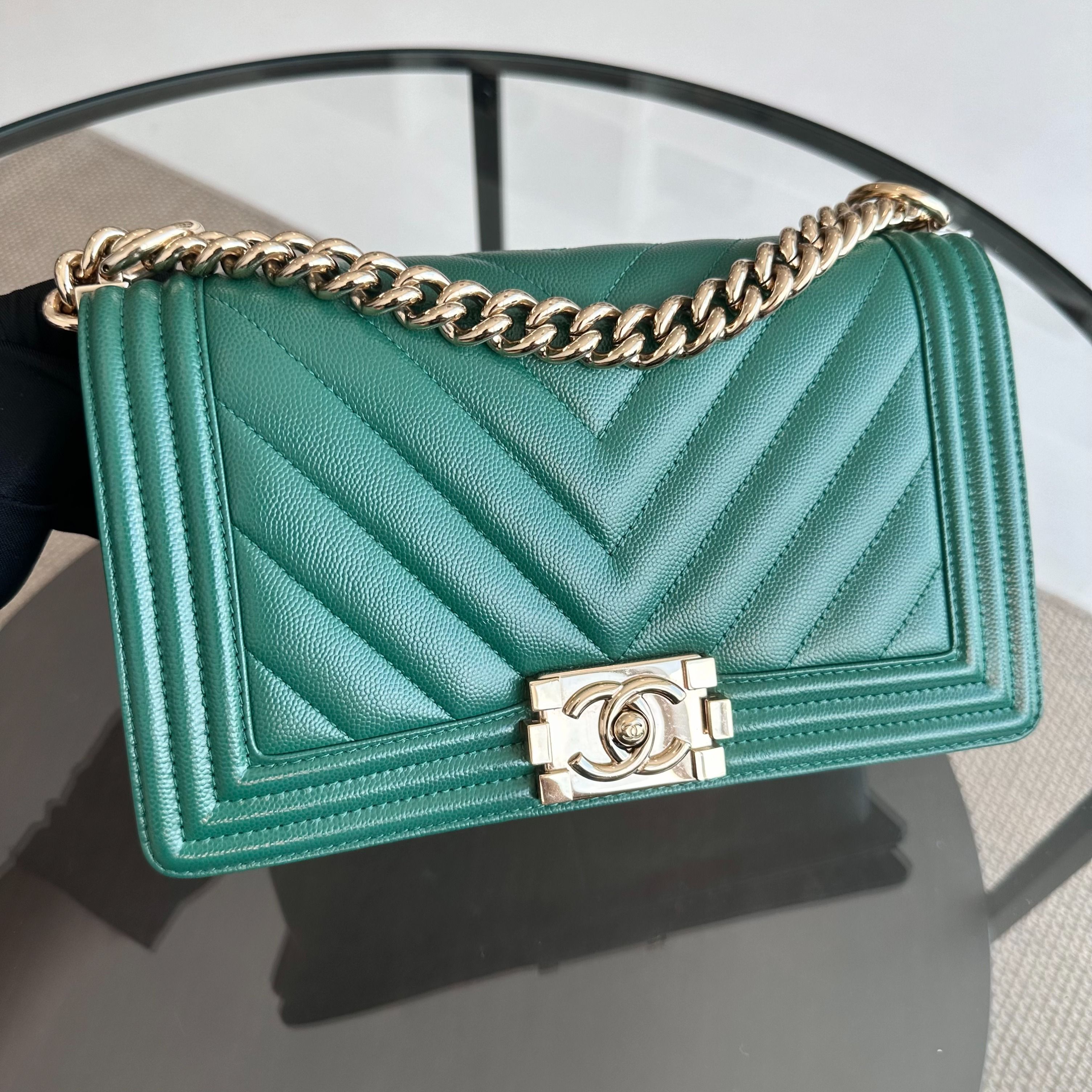 *Series 30* Chanel Caviar Boy Old Medium 25CM Leboy Emerald Green LGHW No 30 - Luxury Evermore