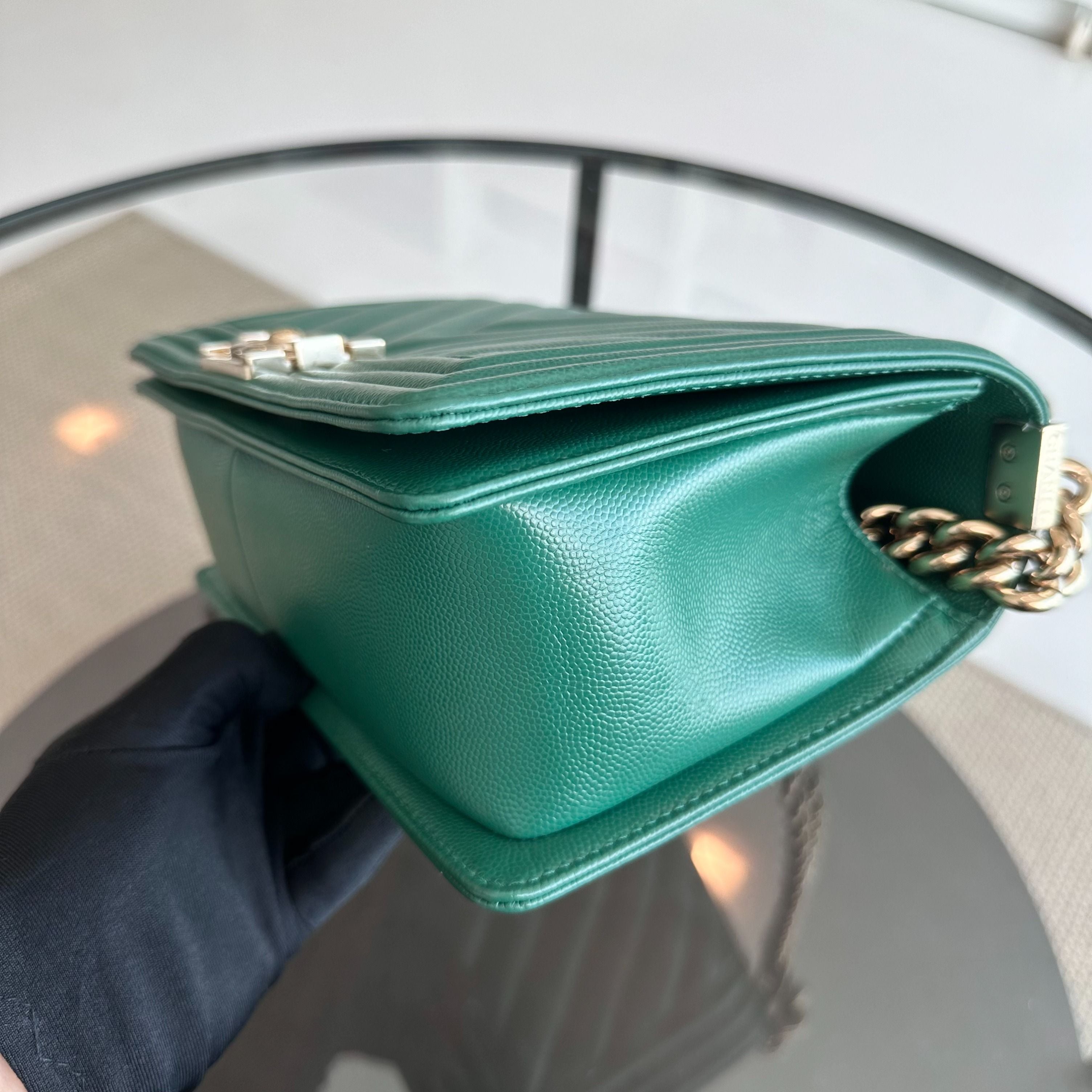 *Series 30* Chanel Caviar Boy Old Medium 25CM Leboy Emerald Green LGHW No 30 - Luxury Evermore