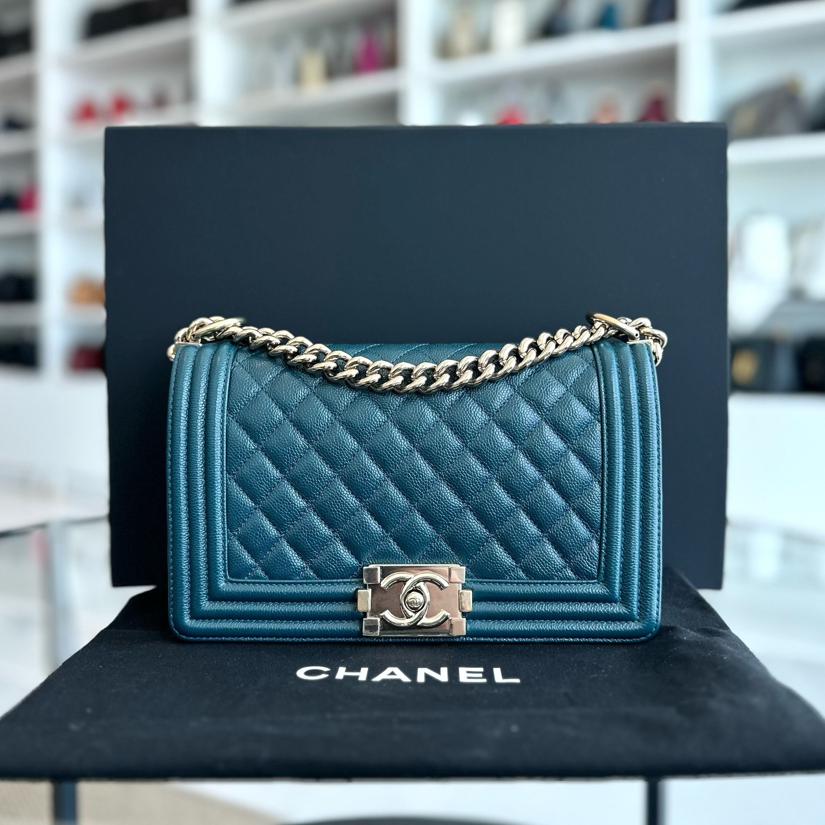 *Series 30* Chanel Caviar Boy Old Medium 25CM Leboy Quilted Blue GHW No 30 - Luxury Evermore