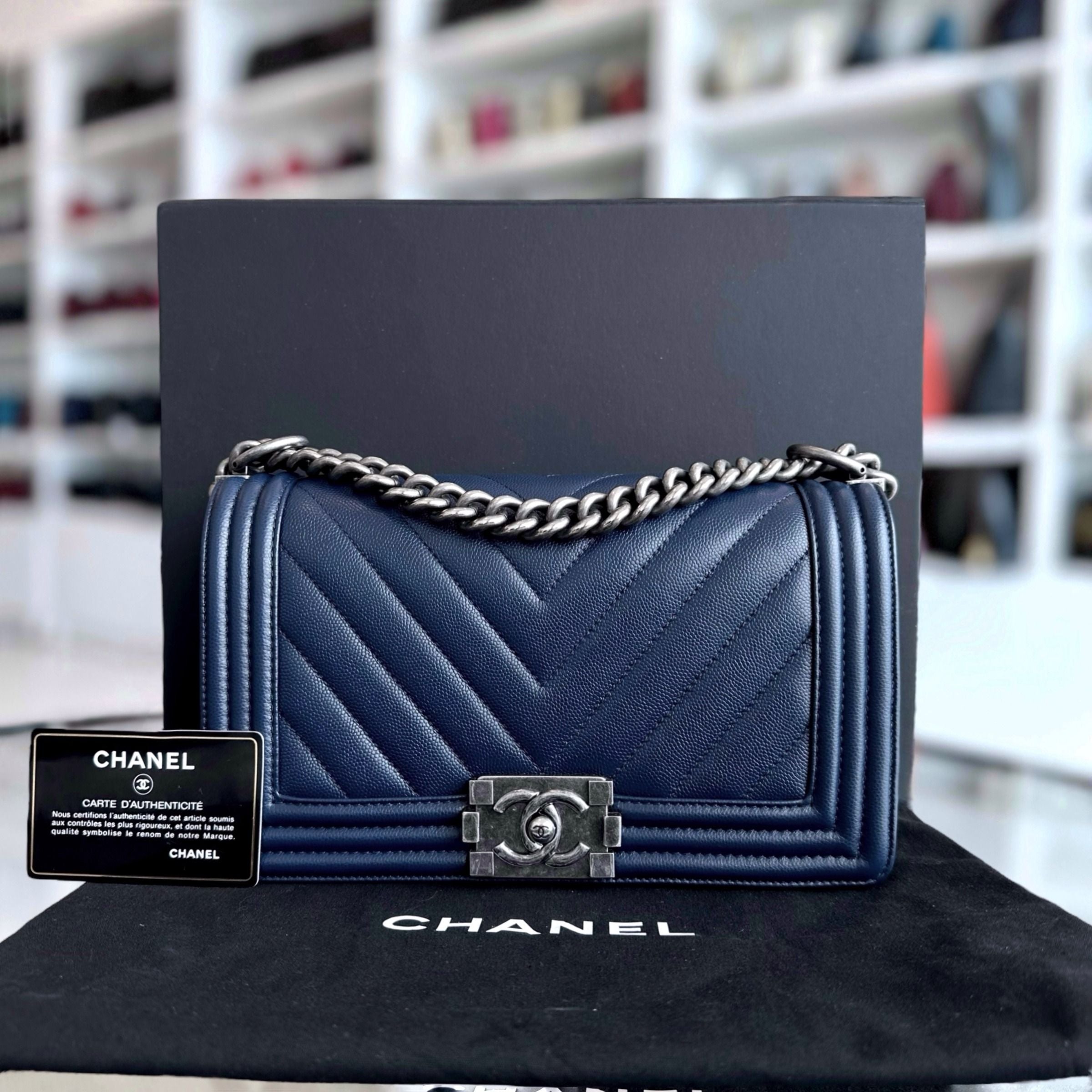 *Unused* Chanel Caviar Boy Old Medium 25CM Chevron Grained Calfskin Leboy Dark Blue No 24 - Luxury Evermore