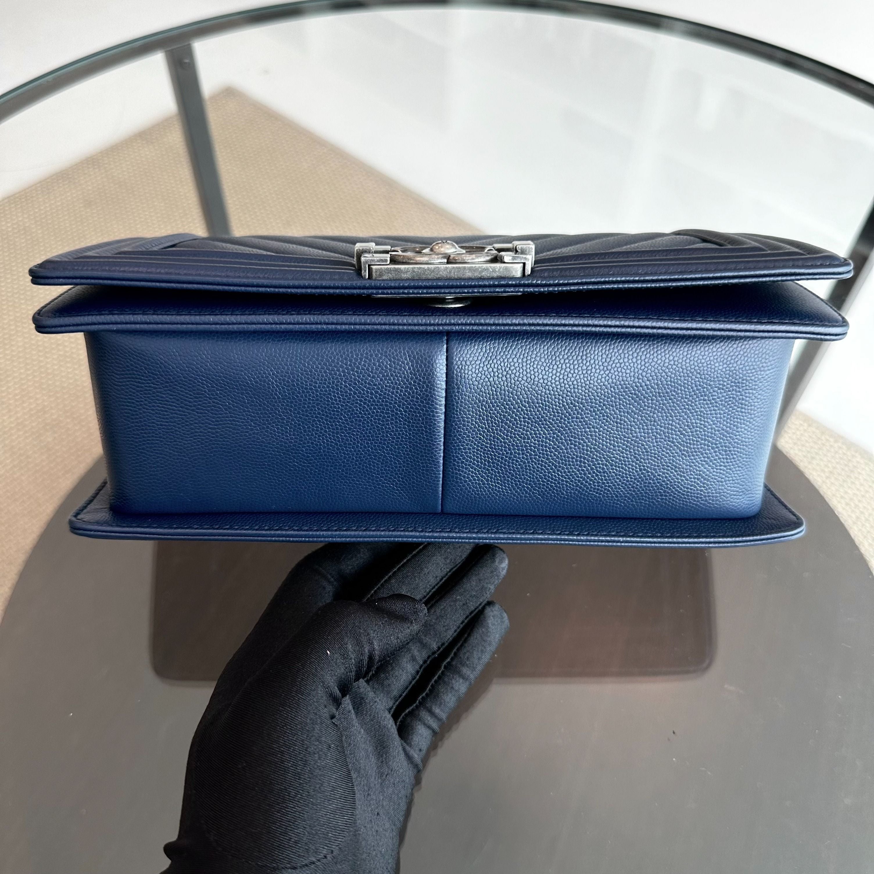 *Unused* Chanel Caviar Boy Old Medium 25CM Chevron Grained Calfskin Leboy Dark Blue No 24 - Luxury Evermore