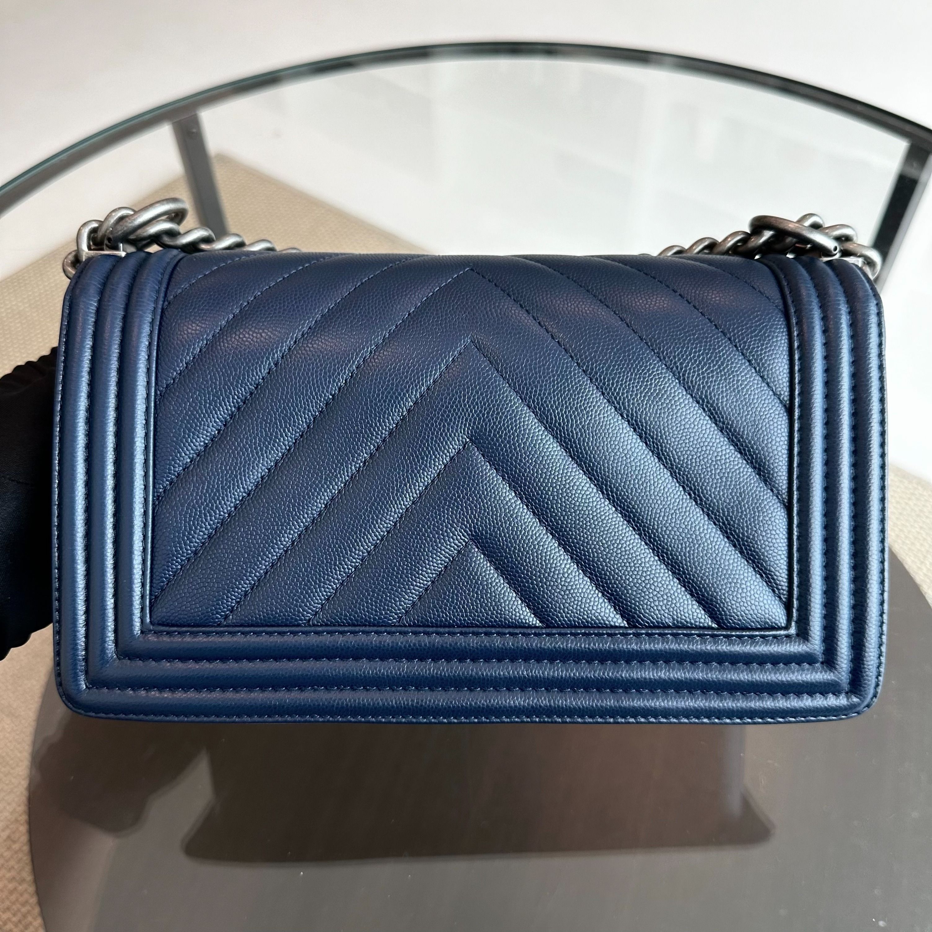 *Unused* Chanel Caviar Boy Old Medium 25CM Chevron Grained Calfskin Leboy Dark Blue No 24 - Luxury Evermore