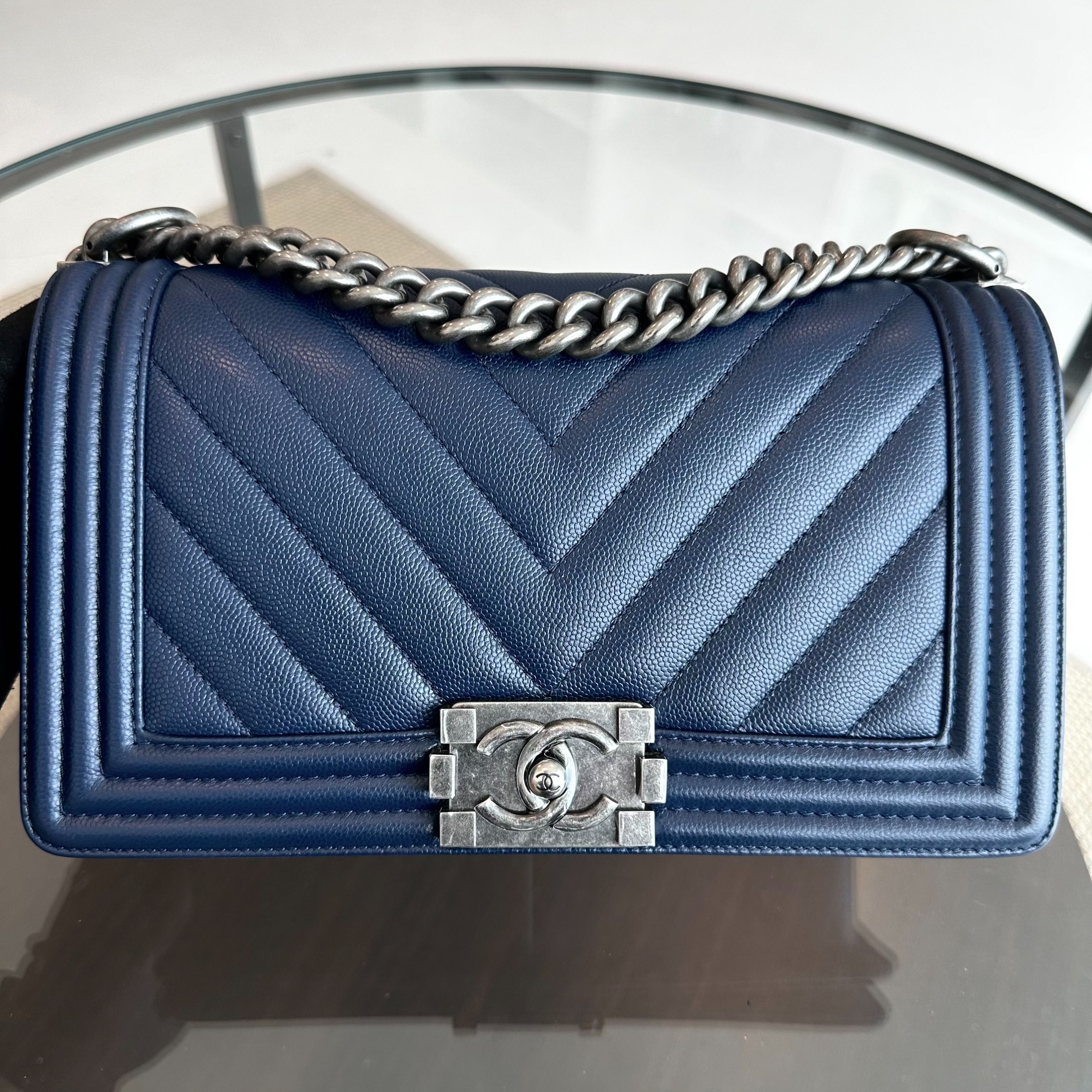 *Unused* Chanel Caviar Boy Old Medium 25CM Chevron Grained Calfskin Leboy Dark Blue No 24 - Luxury Evermore