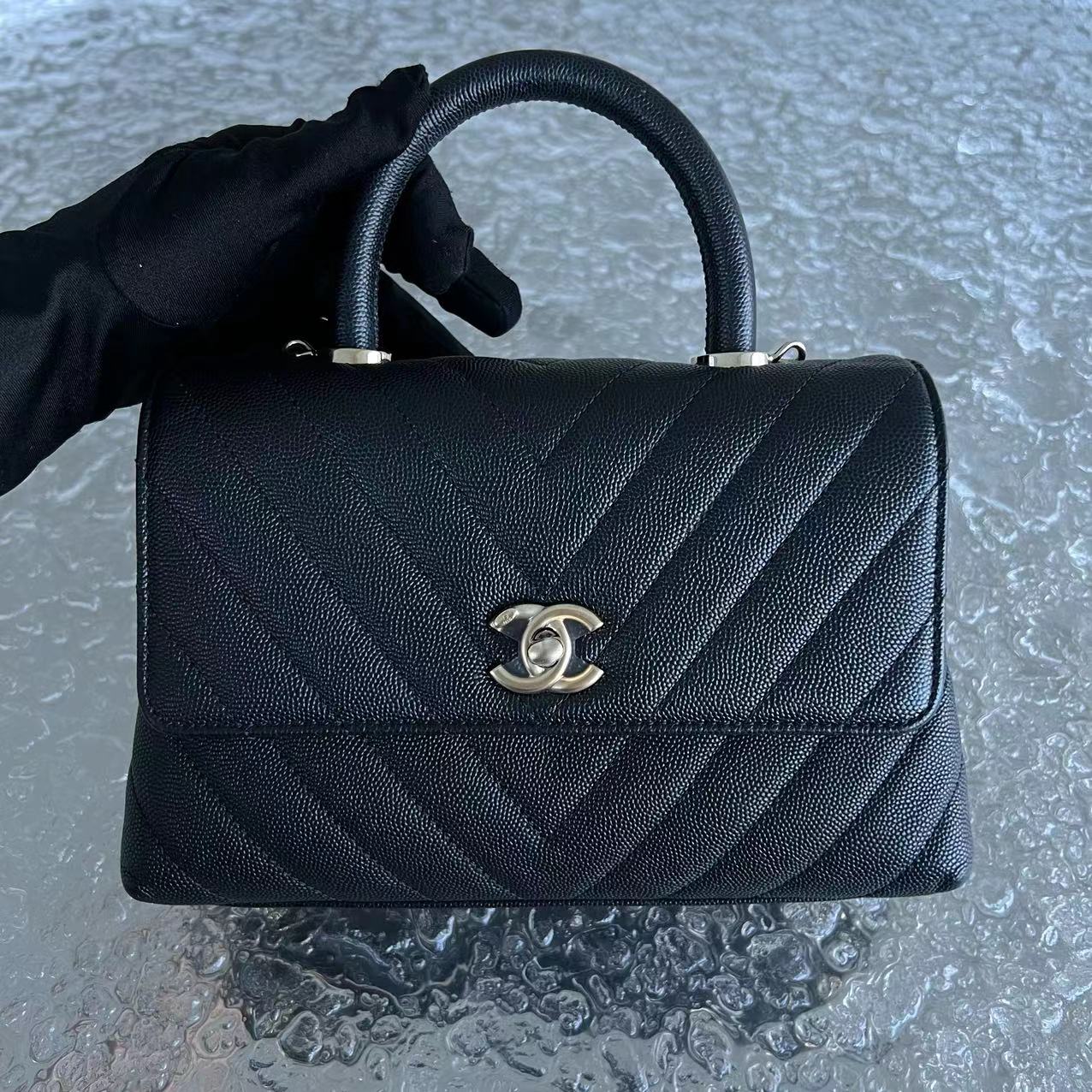 *Unused* Chanel Caviar Coco Handle Small Chevron Calfskin Black LGHW No 29 - Luxury Evermore