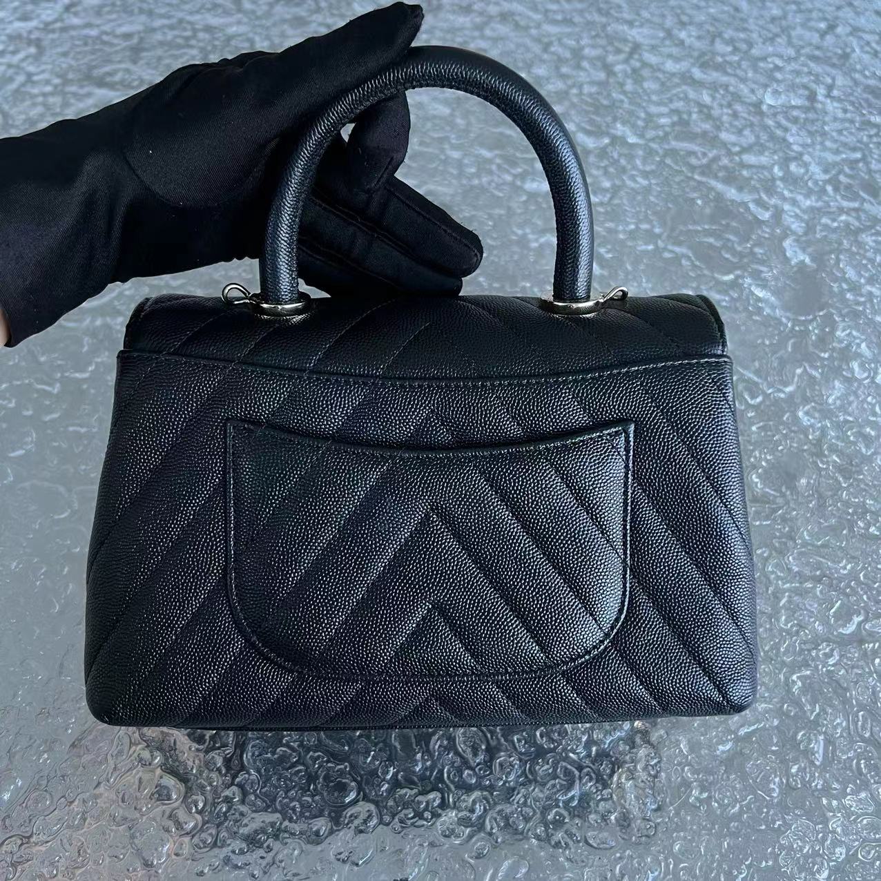 *Unused* Chanel Caviar Coco Handle Small Chevron Calfskin Black LGHW No 29 - Luxury Evermore