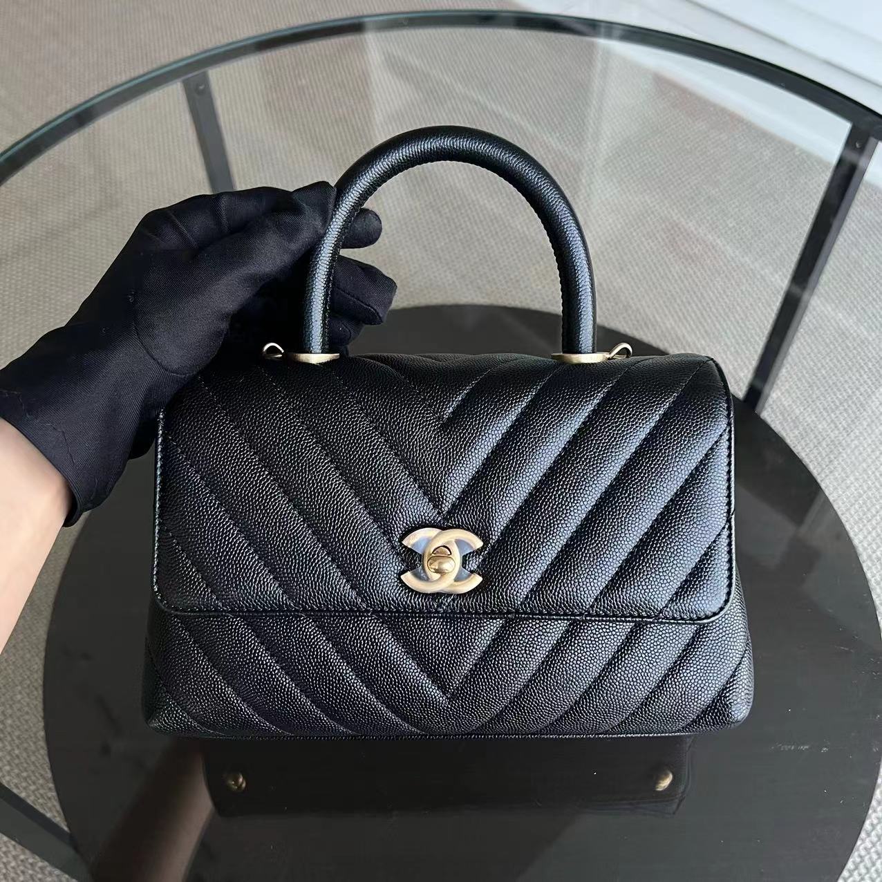 *Unused* Chanel Caviar Coco Handle Small Chevron Grained Calfskin Black Golden Hardware Series 26 - Luxury Evermore