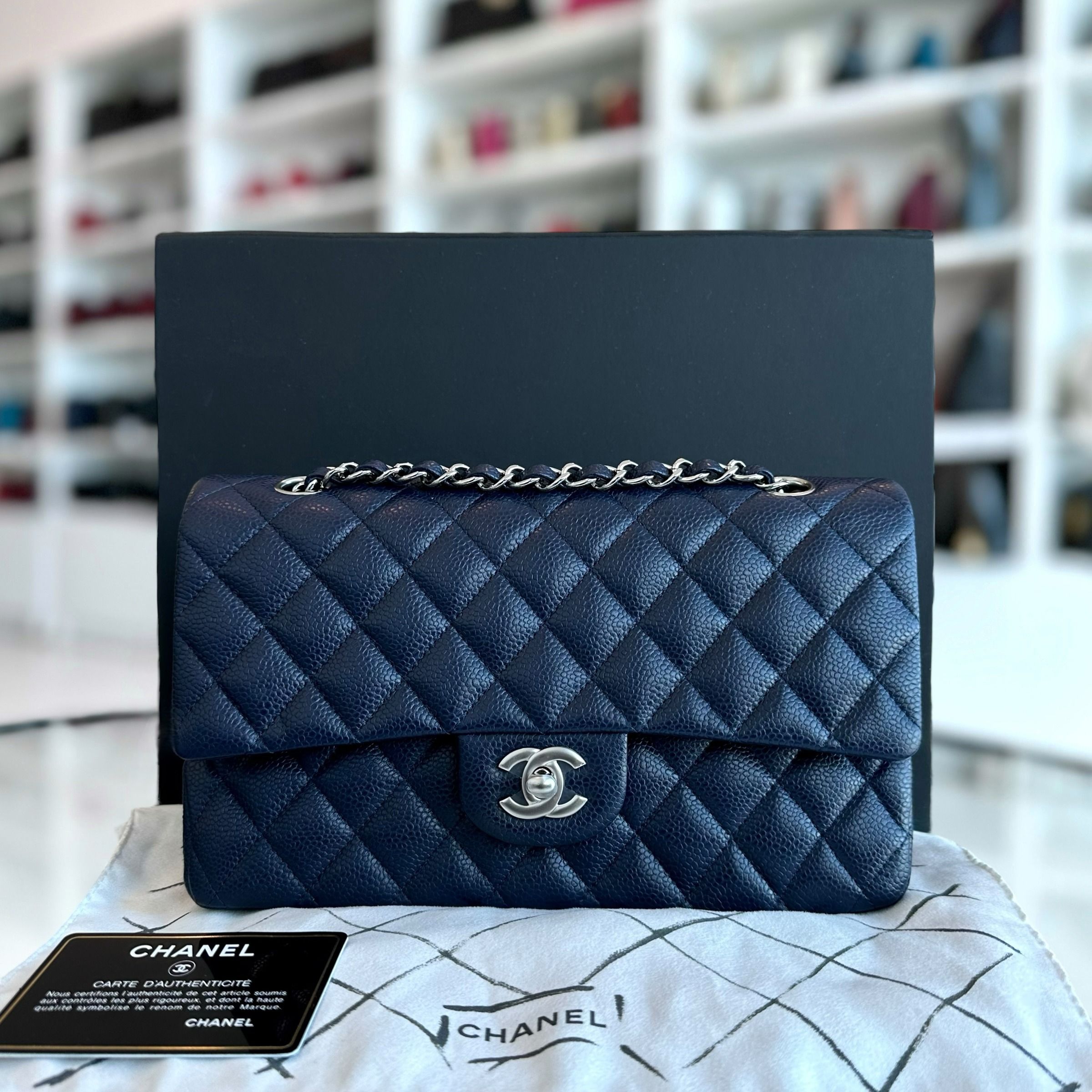 *Unused* Chanel Caviar Medium Classic Flap 25CM Quilted Calfskin Dark Blue SHW No 19 - Luxury Evermore