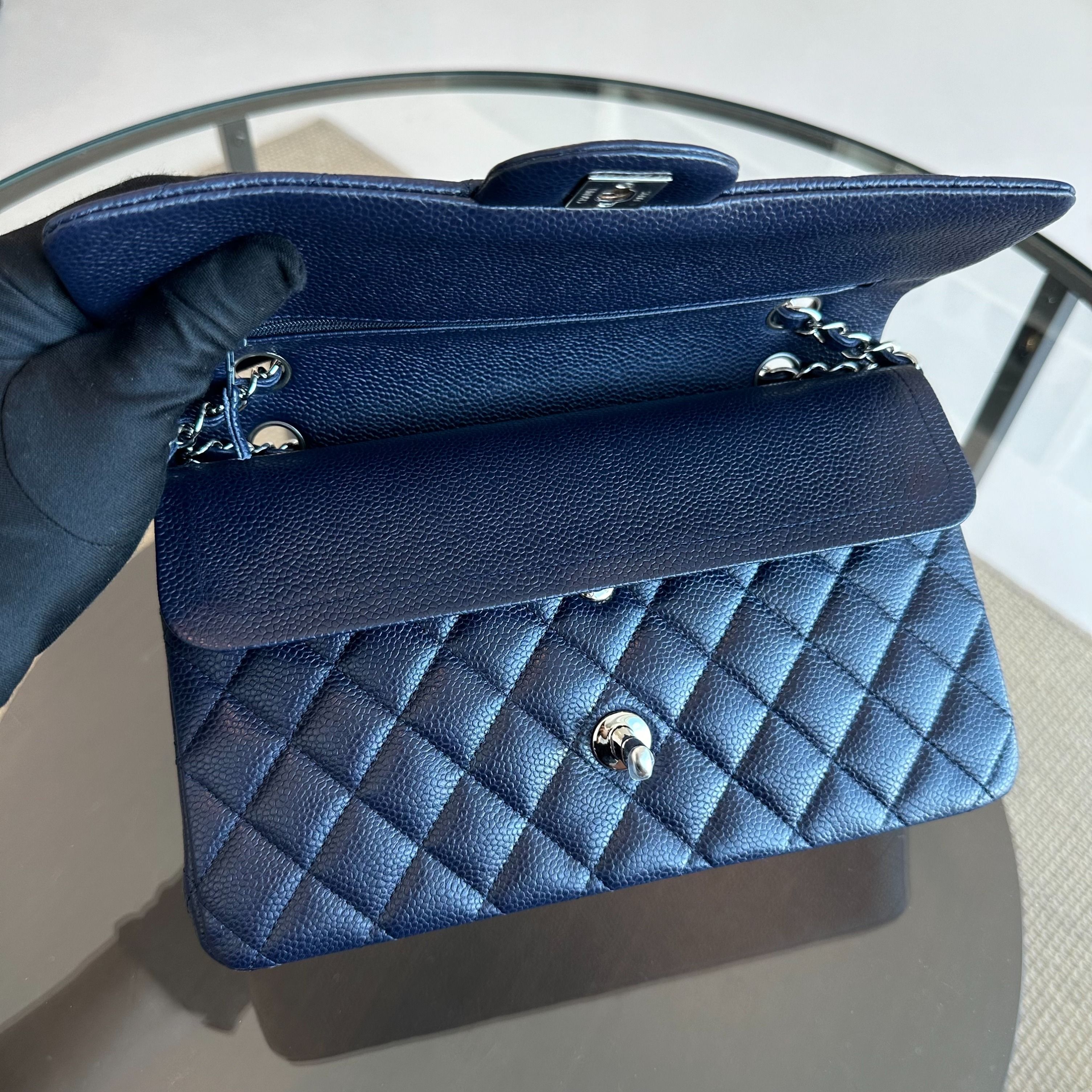 *Unused* Chanel Caviar Medium Classic Flap 25CM Quilted Calfskin Dark Blue SHW No 19 - Luxury Evermore