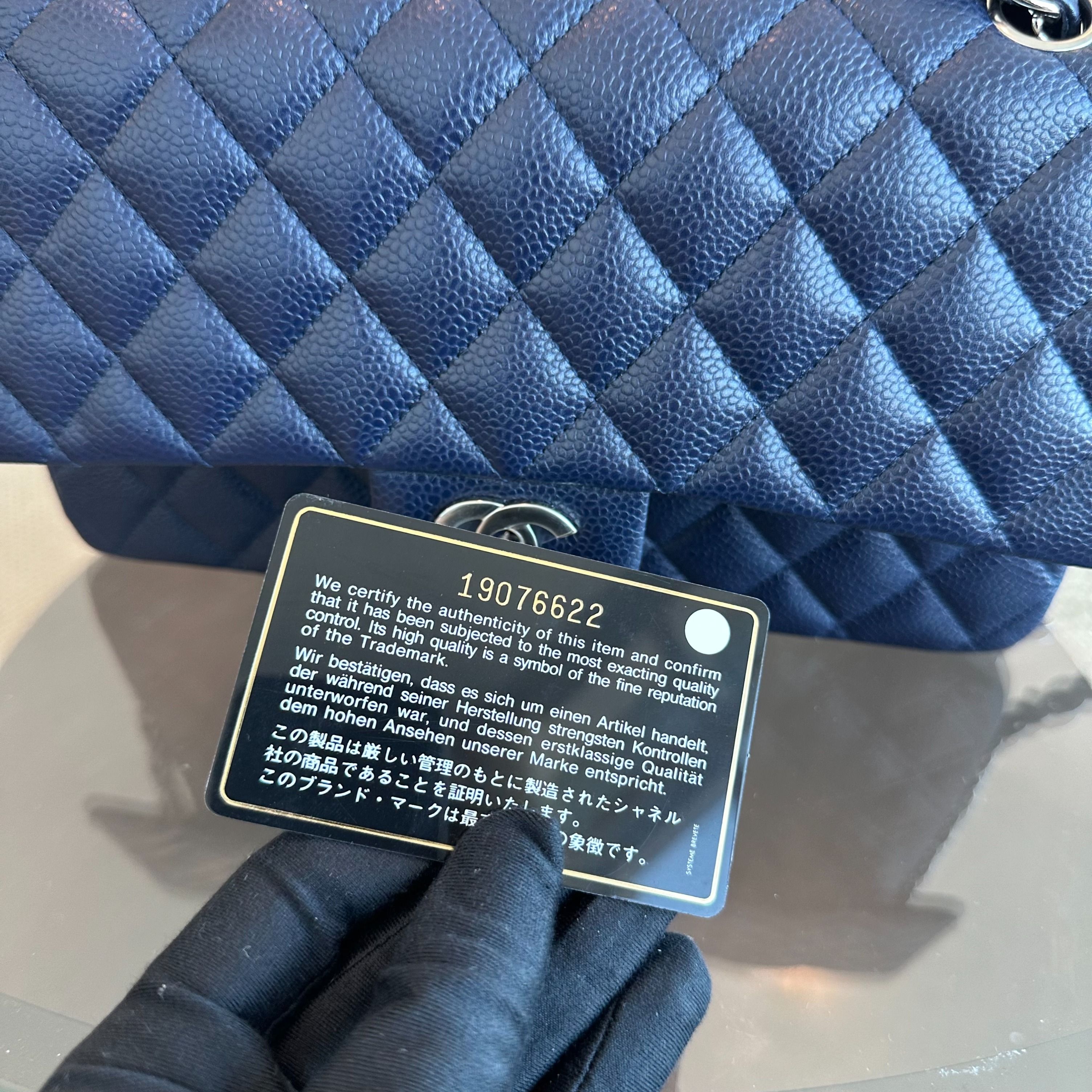 *Unused* Chanel Caviar Medium Classic Flap 25CM Quilted Calfskin Dark Blue SHW No 19 - Luxury Evermore