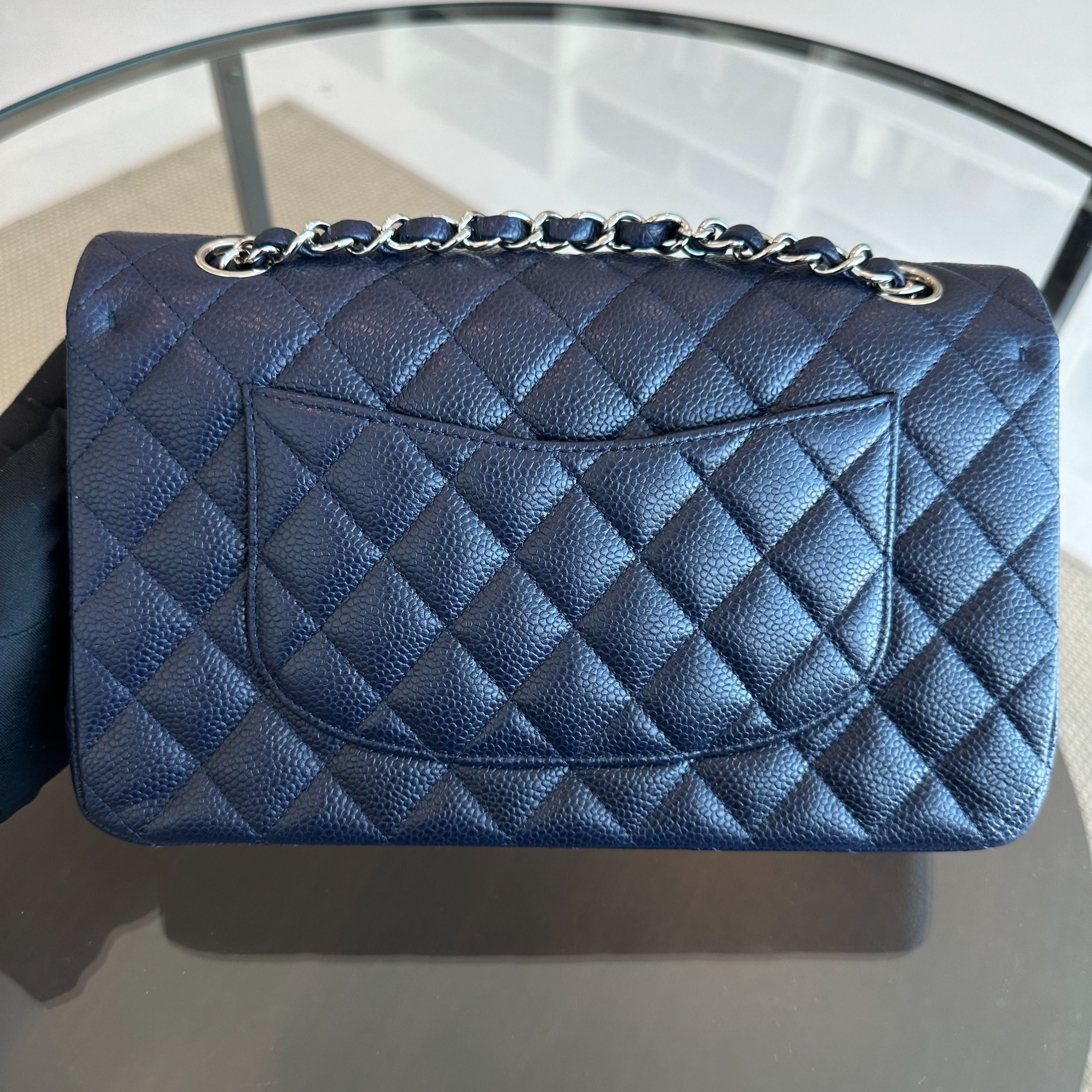 *Unused* Chanel Caviar Medium Classic Flap 25CM Quilted Calfskin Dark Blue SHW No 19 - Luxury Evermore