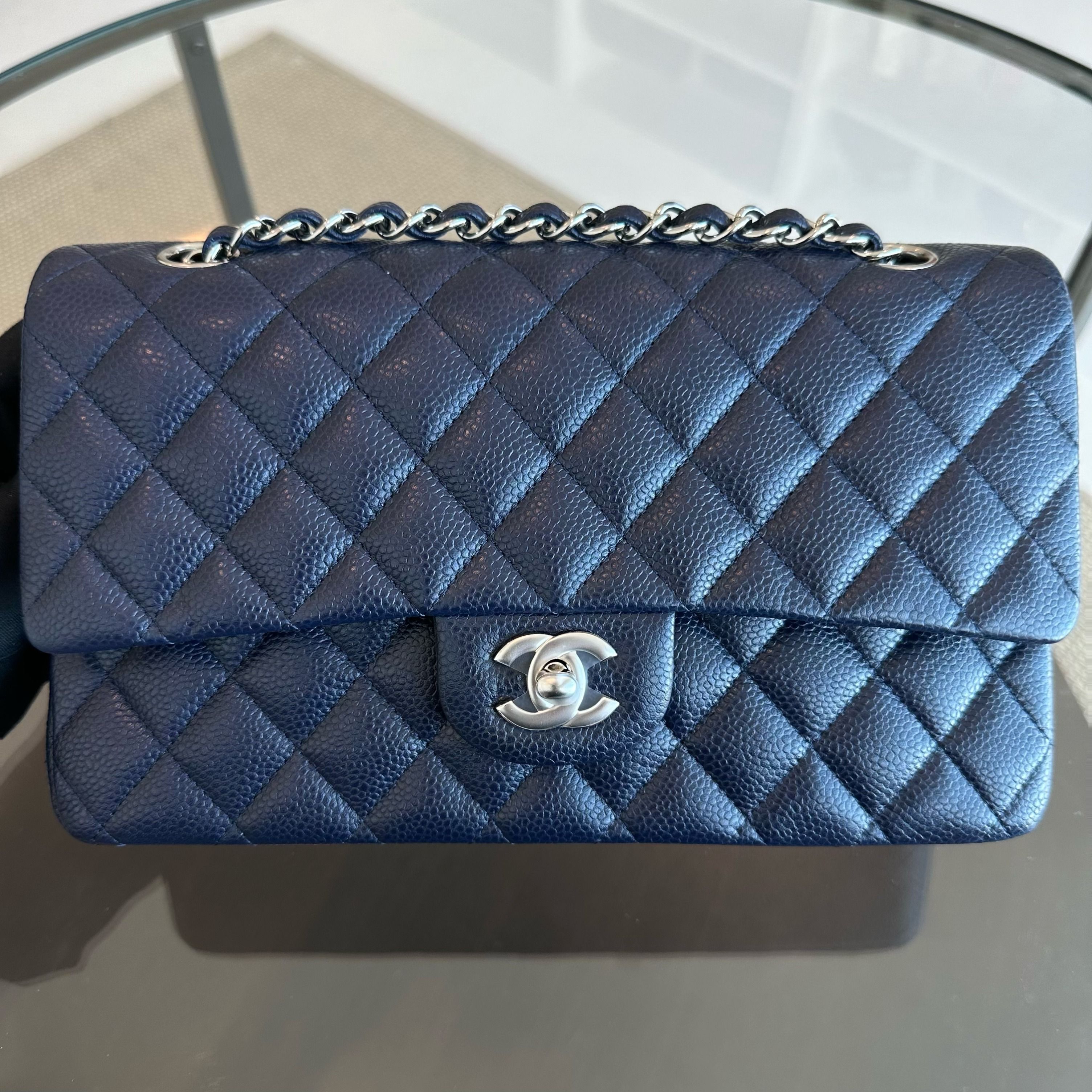 *Unused* Chanel Caviar Medium Classic Flap 25CM Quilted Calfskin Dark Blue SHW No 19 - Luxury Evermore