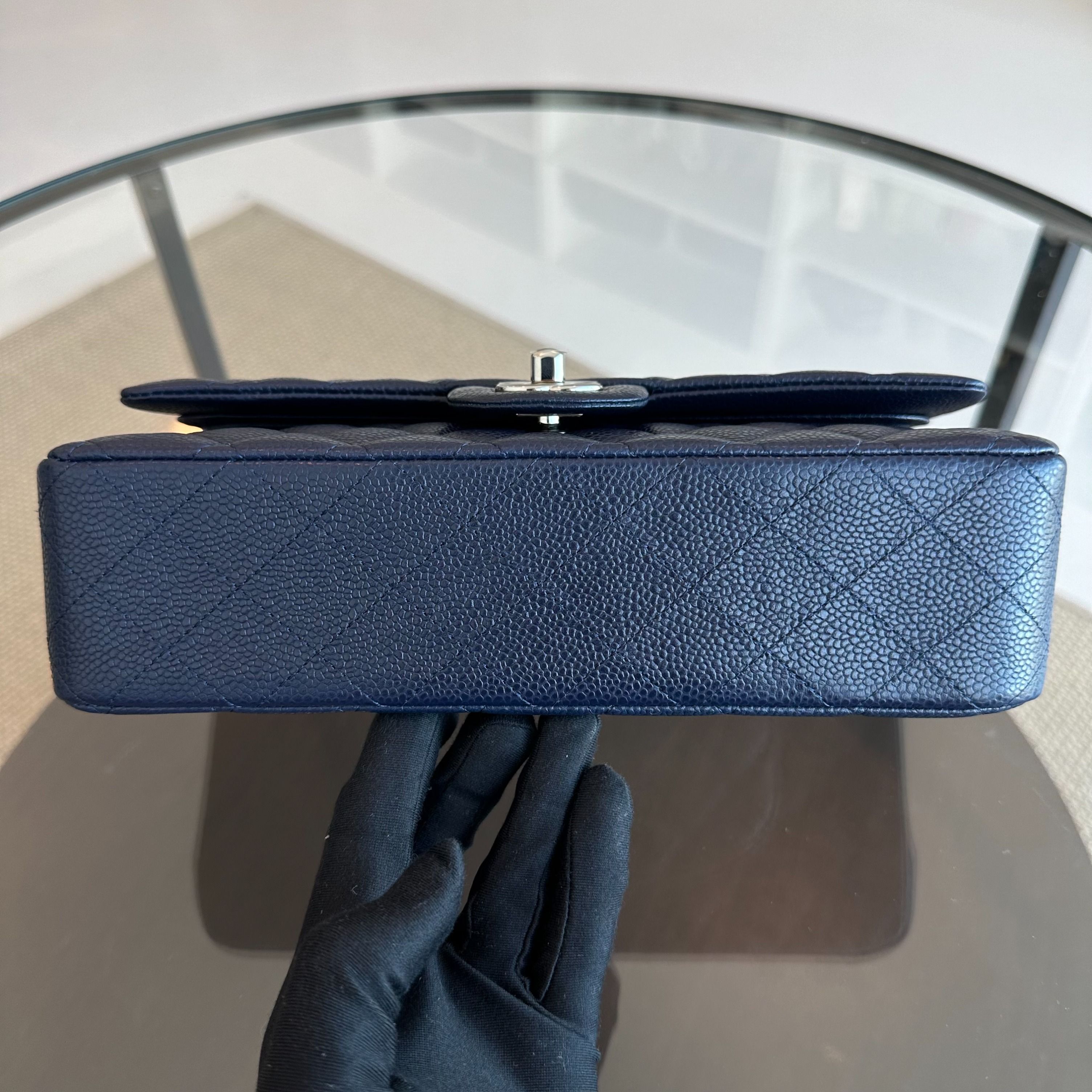 *Unused* Chanel Caviar Medium Classic Flap 25CM Quilted Calfskin Dark Blue SHW No 19 - Luxury Evermore