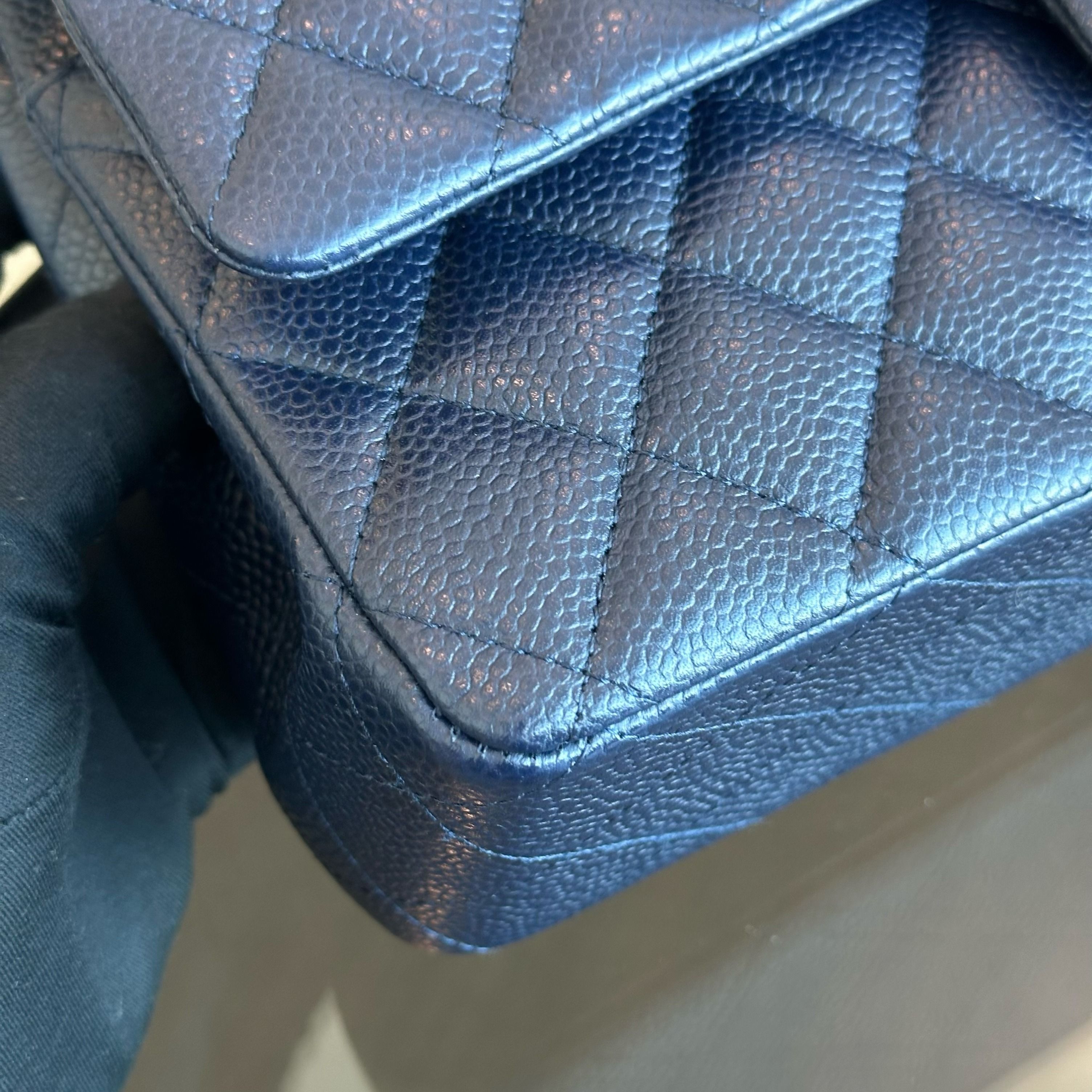 *Unused* Chanel Caviar Medium Classic Flap 25CM Quilted Calfskin Dark Blue SHW No 19 - Luxury Evermore