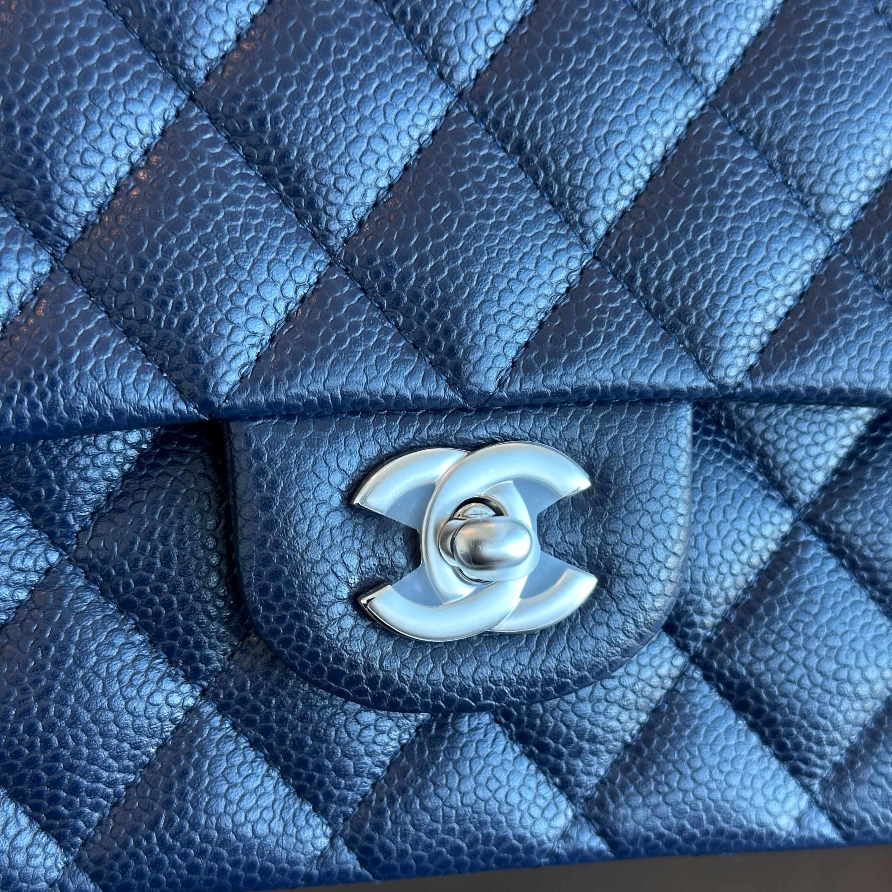 *Unused* Chanel Caviar Medium Classic Flap 25CM Quilted Calfskin Dark Blue SHW No 19 - Luxury Evermore