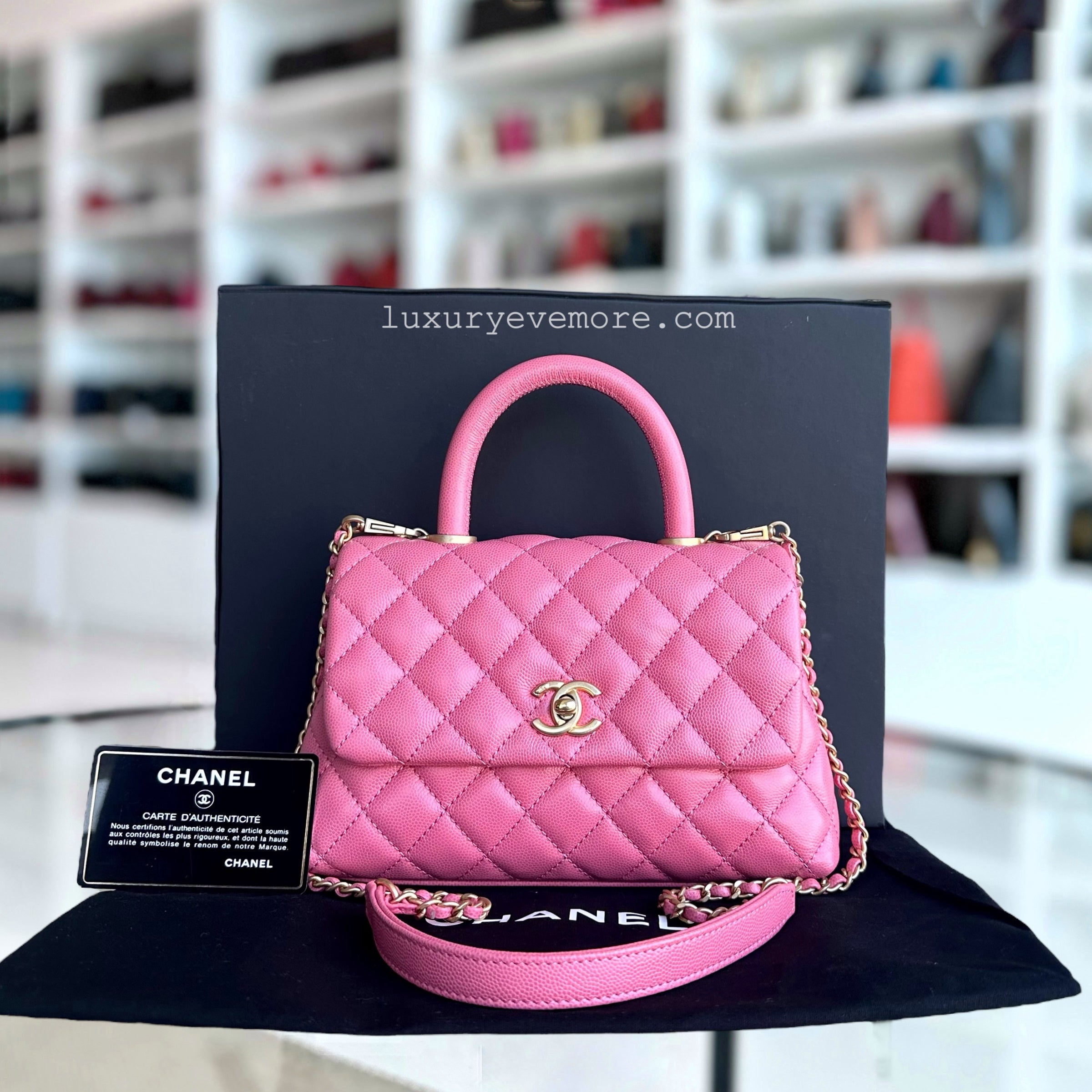 *Unused* Chanel Caviar Small Coco Handle Quilted Grained Calfskin Sakura Hot Pink Golden Hardware Series 27 - Luxury Evermore