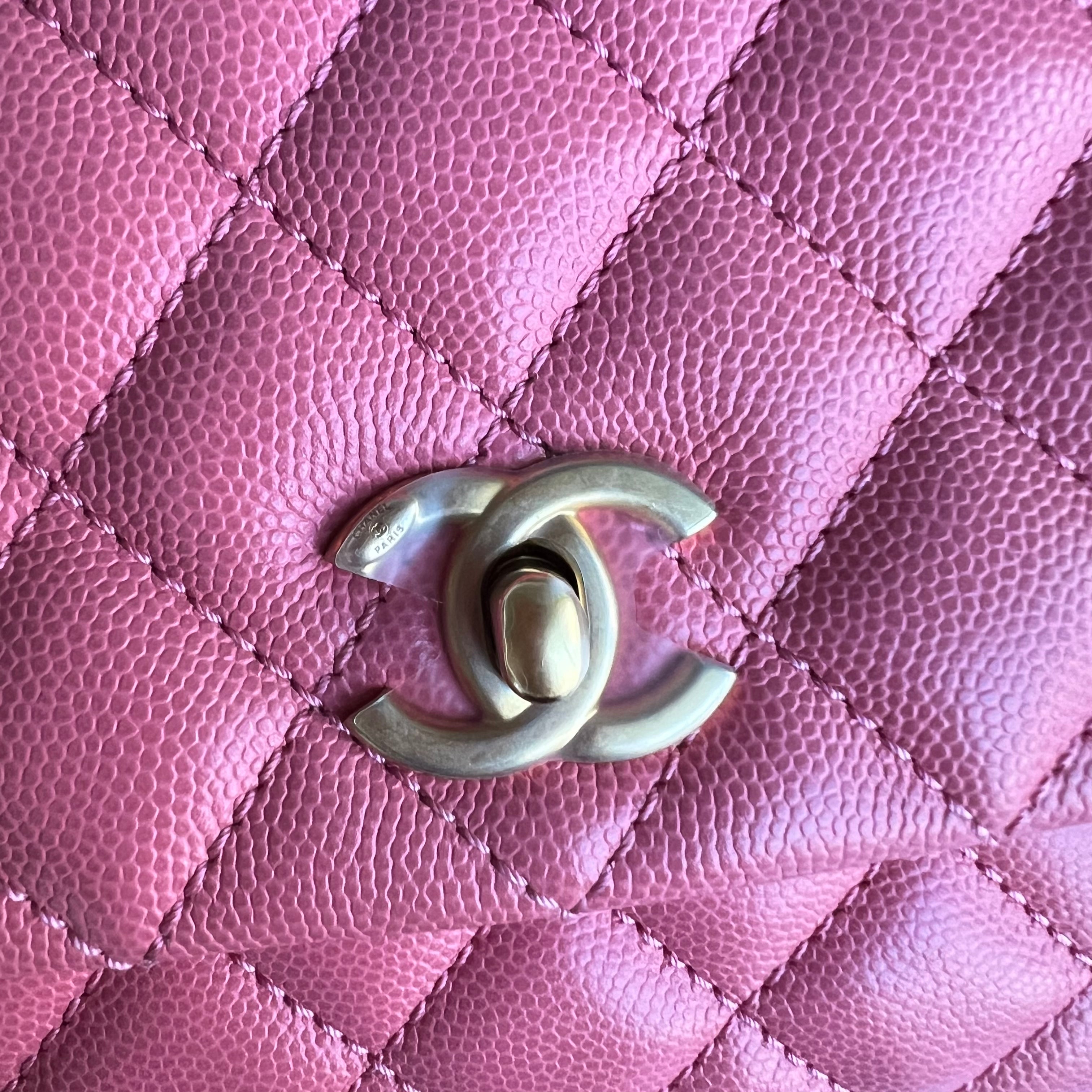 *Unused* Chanel Caviar Small Coco Handle Quilted Grained Calfskin Sakura Hot Pink Golden Hardware Series 27 - Luxury Evermore