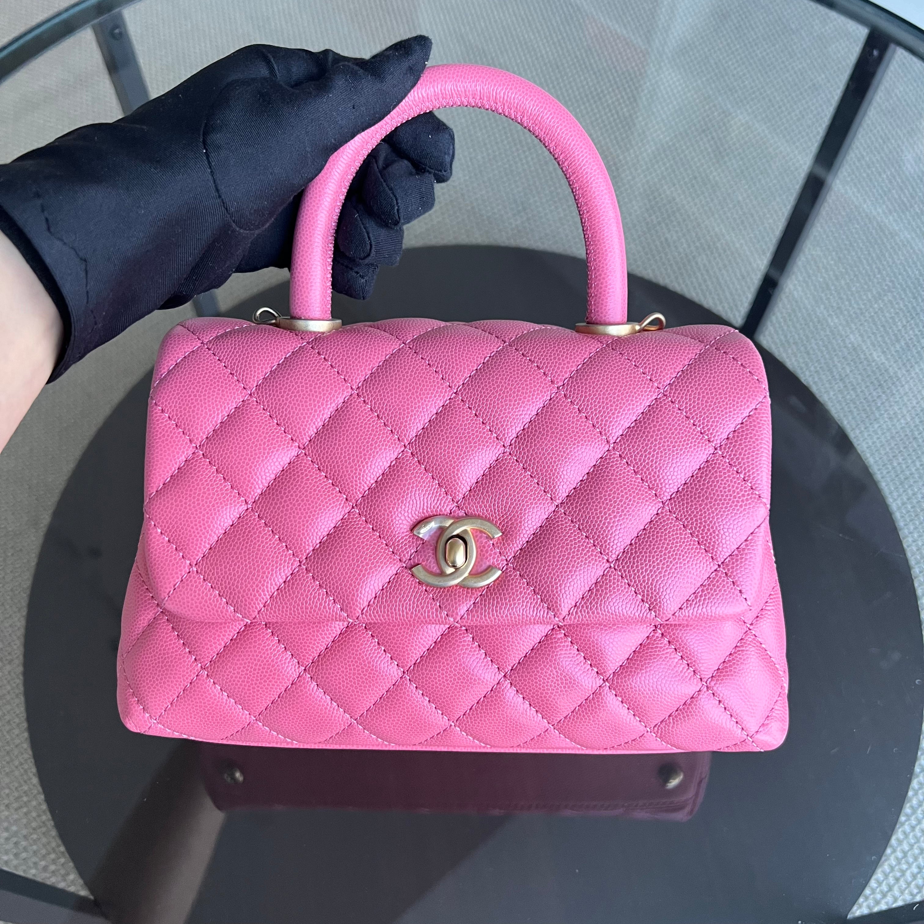 *Unused* Chanel Caviar Small Coco Handle Quilted Grained Calfskin Sakura Hot Pink Golden Hardware Series 27 - Luxury Evermore