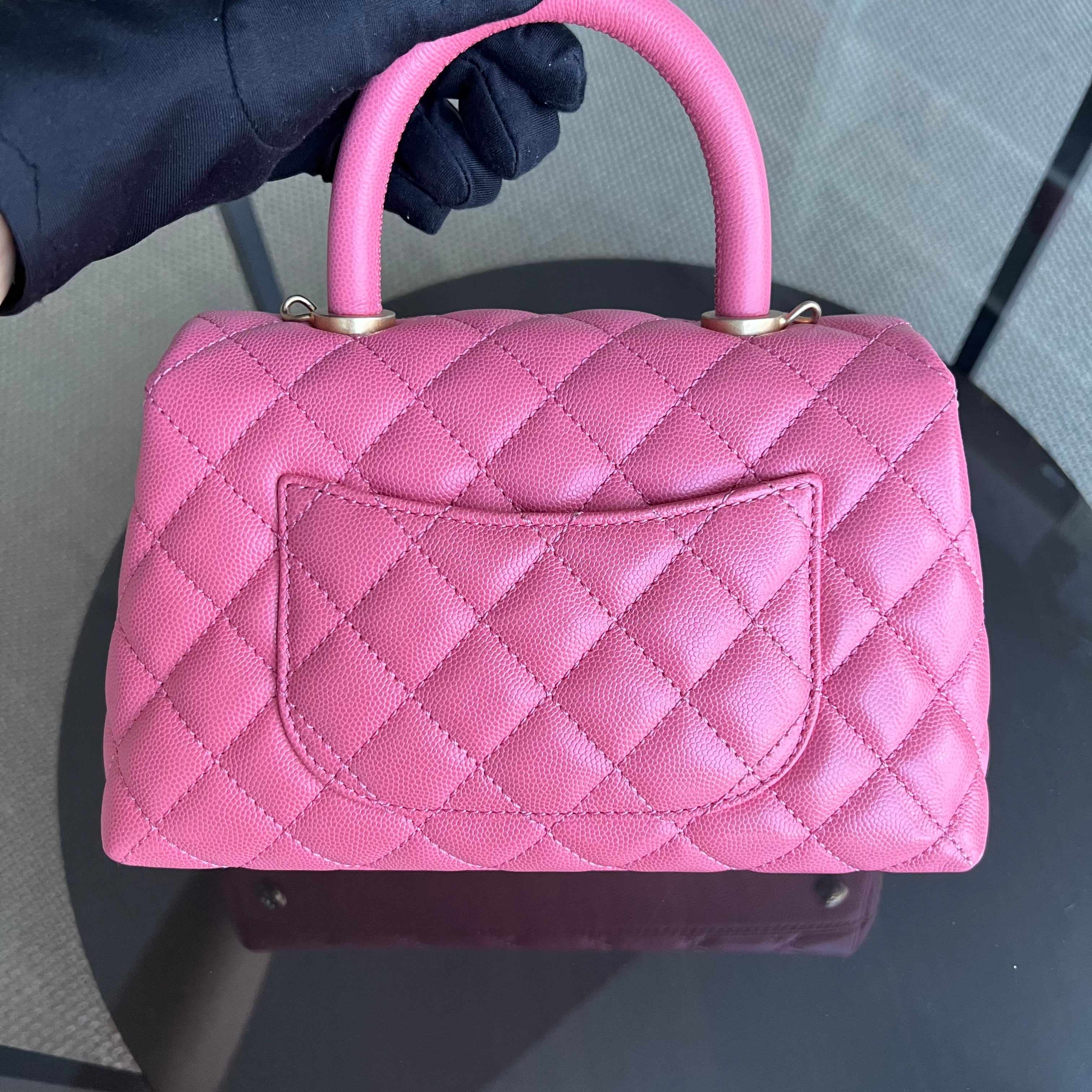 *Unused* Chanel Caviar Small Coco Handle Quilted Grained Calfskin Sakura Hot Pink Golden Hardware Series 27 - Luxury Evermore