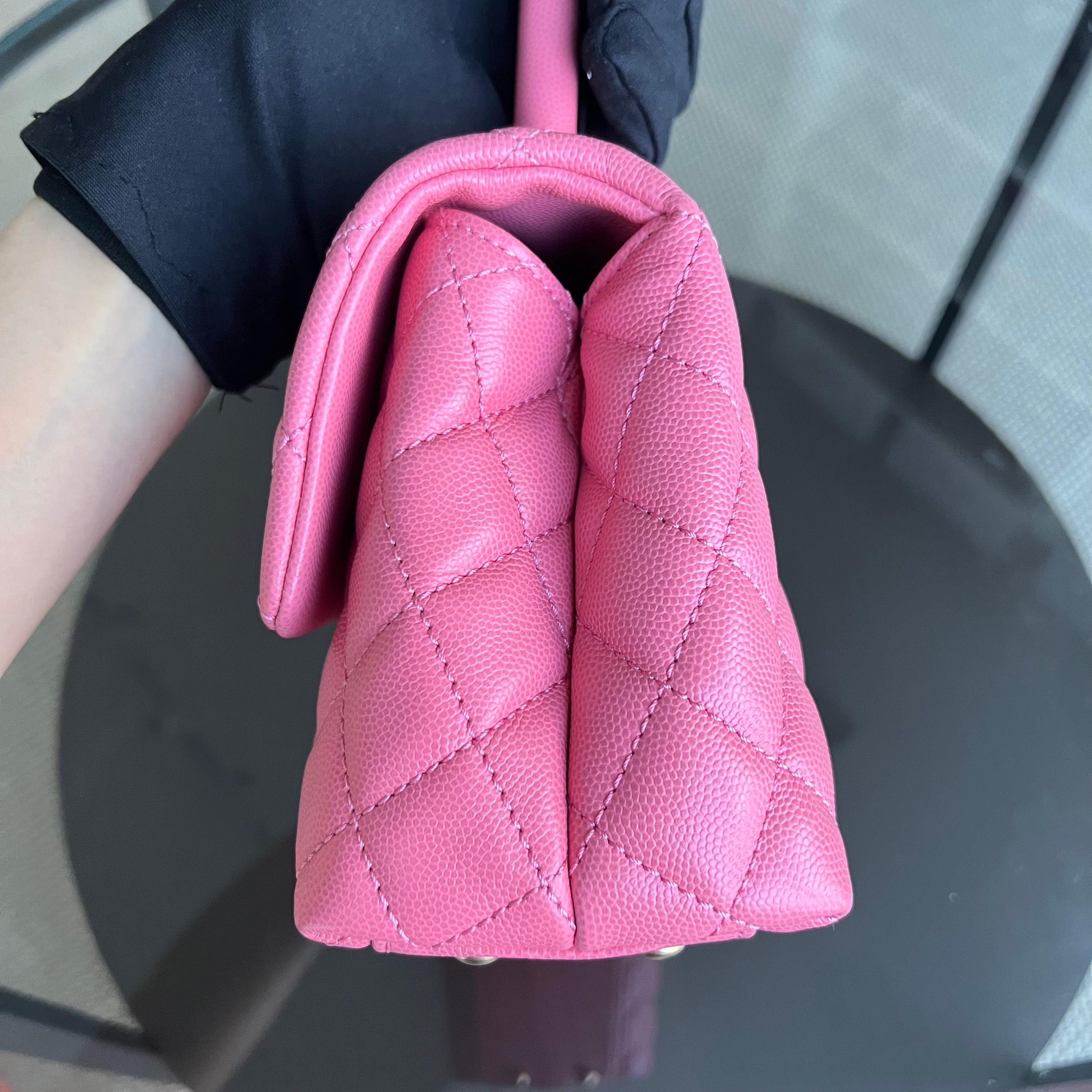 *Unused* Chanel Caviar Small Coco Handle Quilted Grained Calfskin Sakura Hot Pink Golden Hardware Series 27 - Luxury Evermore