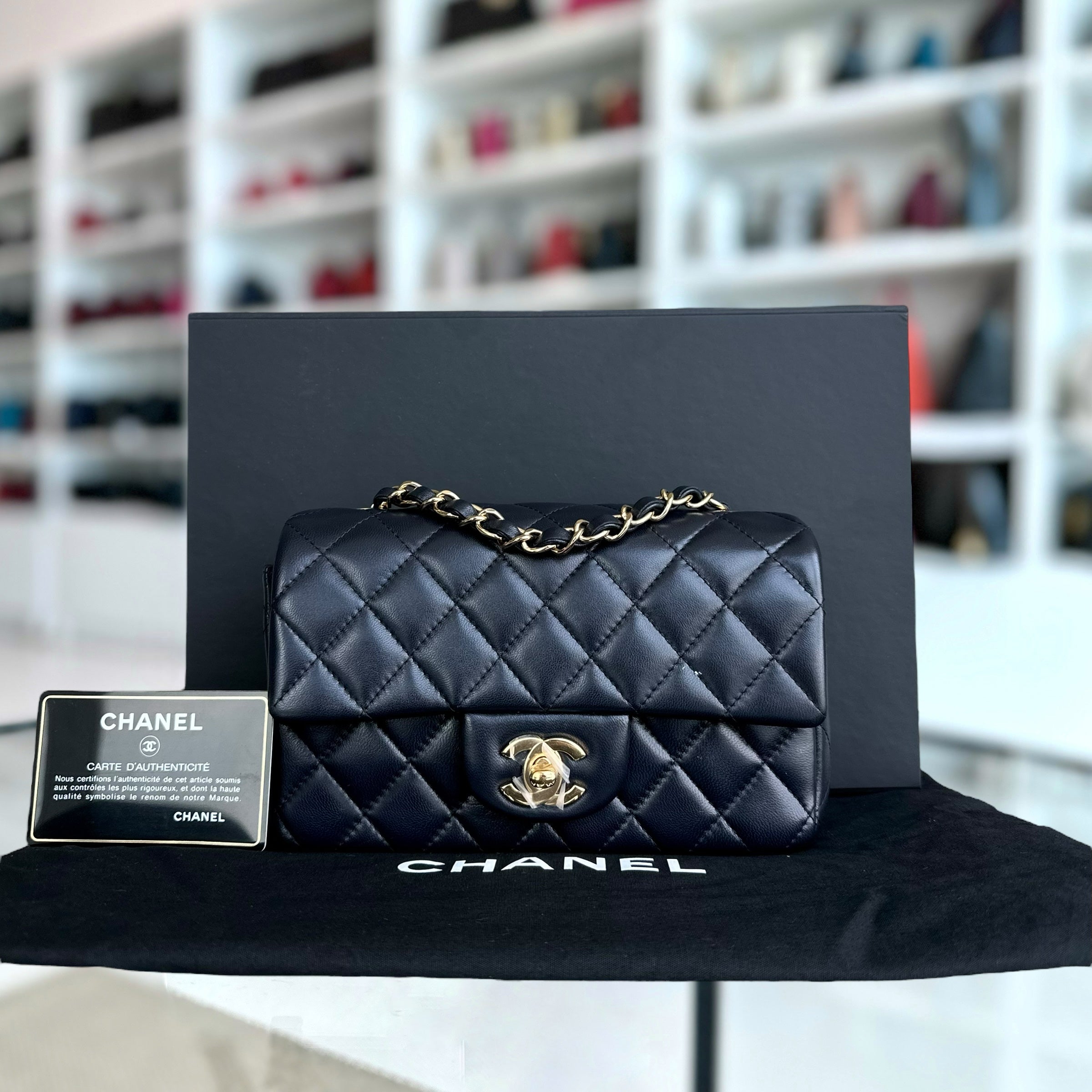 *Unused* Chanel Classic Flap Mini Rectangle 20CM Quilted Lambskin Midnight Dark Blue Golden Hardware Series 21 - Luxury Evermore