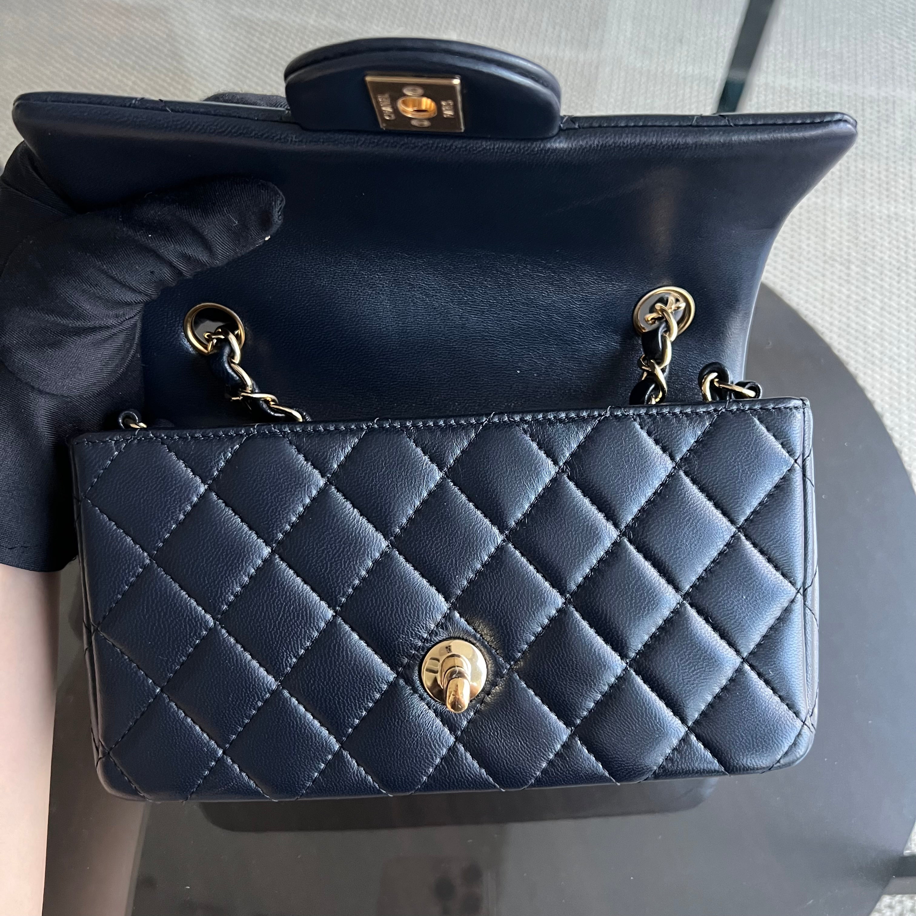 *Unused* Chanel Classic Flap Mini Rectangle 20CM Quilted Lambskin Midnight Dark Blue Golden Hardware Series 21 - Luxury Evermore