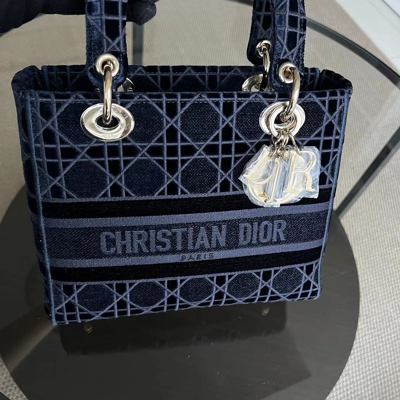 *Unused* Dior Lady D-Lite Embroidery Cannage D Lite Dark Blue LGHW - Luxury Evermore