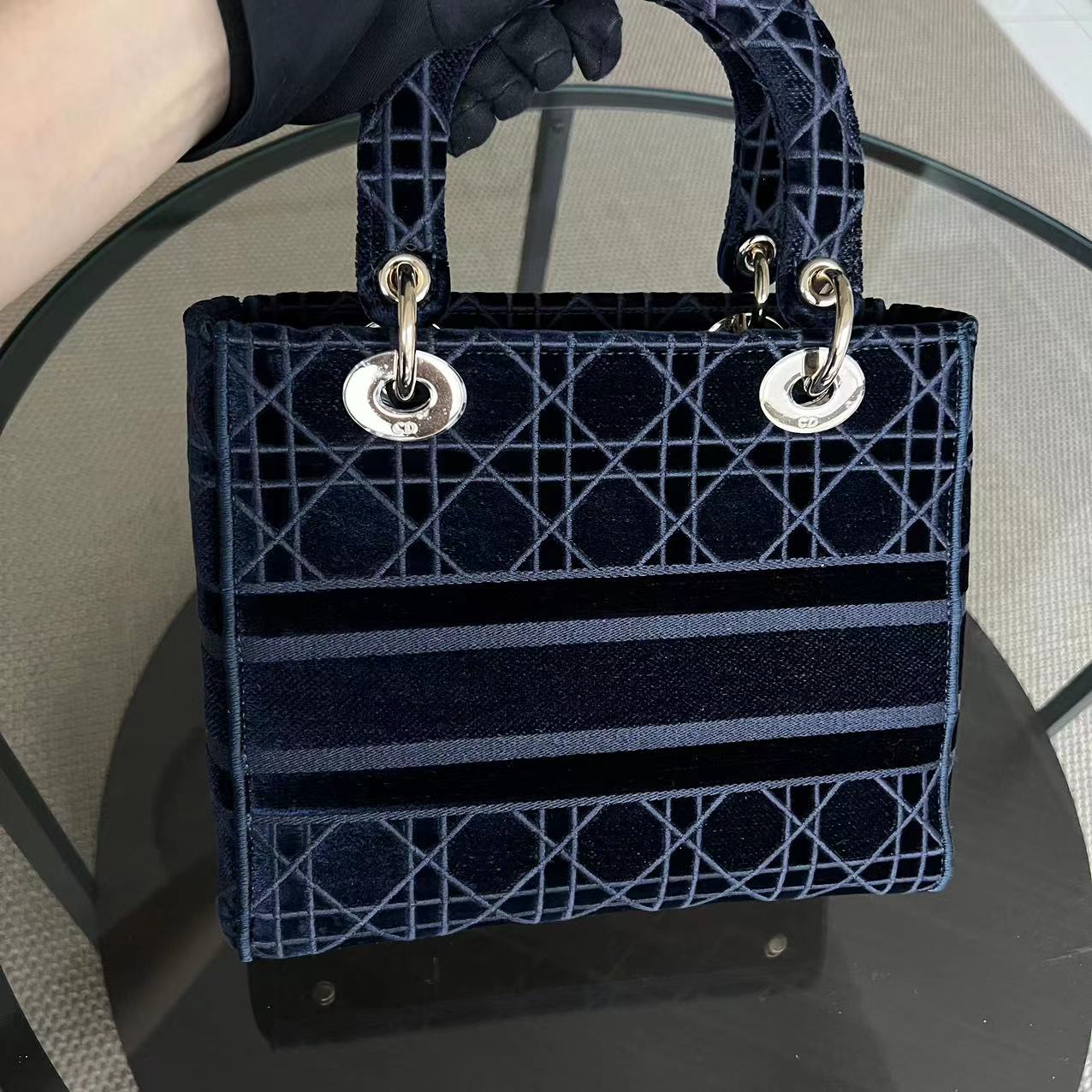 *Unused* Dior Lady D-Lite Embroidery Cannage D Lite Dark Blue LGHW - Luxury Evermore