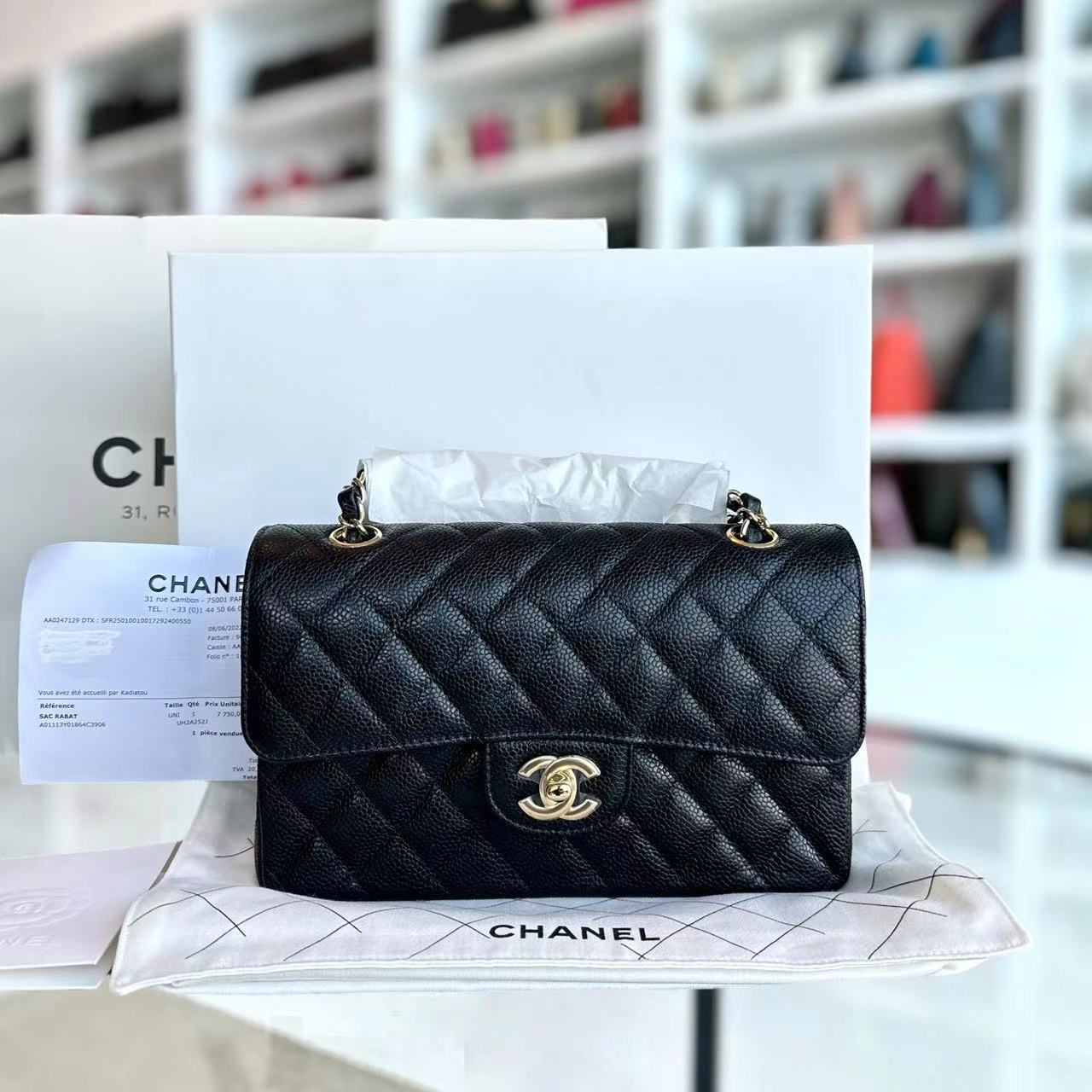 *Unused, Microchip 2022, Receipt Full Set* Chanel Caviar Small Classic Flap Double Flap 23CM Quilted Calfskin Black GHW Microchipped - Luxury Evermore