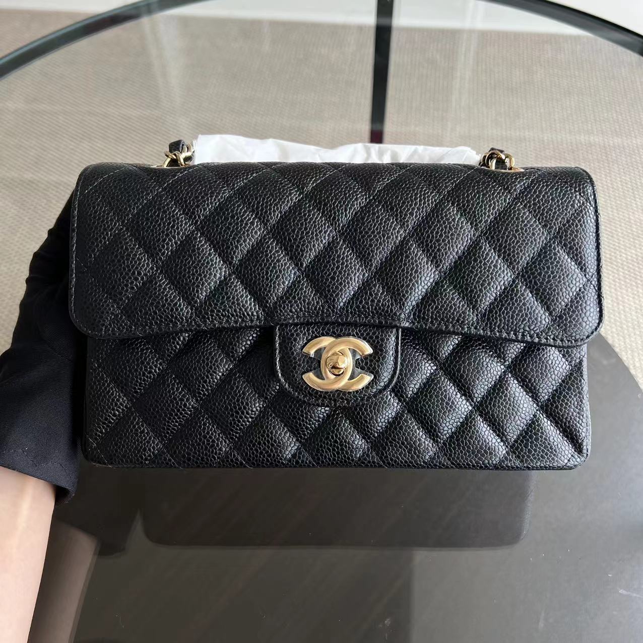 *Unused, Microchip 2022, Receipt Full Set* Chanel Caviar Small Classic Flap Double Flap 23CM Quilted Calfskin Black GHW Microchipped - Luxury Evermore