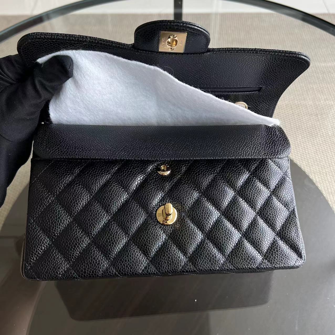 *Unused, Microchip 2022, Receipt Full Set* Chanel Caviar Small Classic Flap Double Flap 23CM Quilted Calfskin Black GHW Microchipped - Luxury Evermore