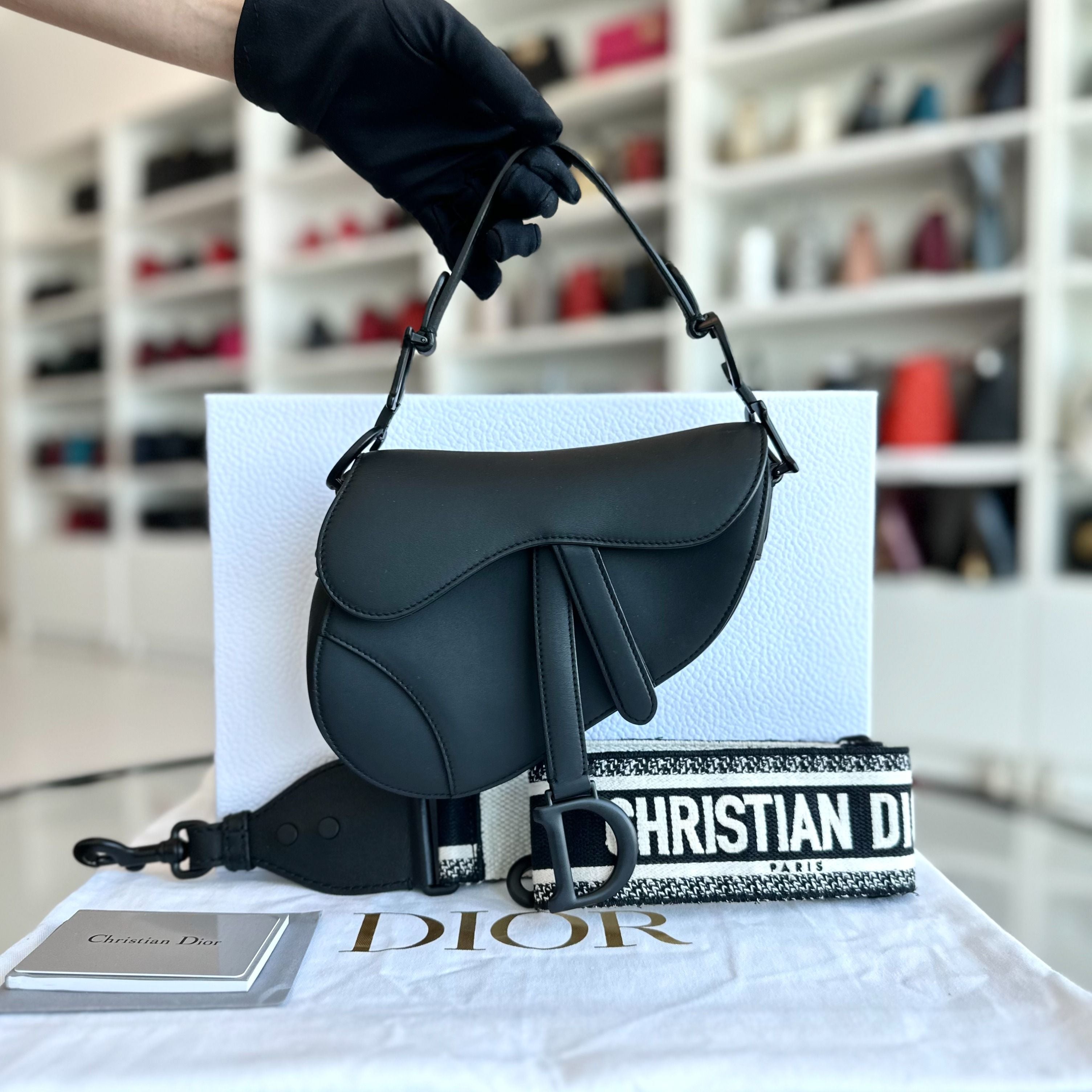 *With Strap* Dior Saddle All Black Small 20CM with Strap Cross Body Shoulder Bag - Luxury Evermore