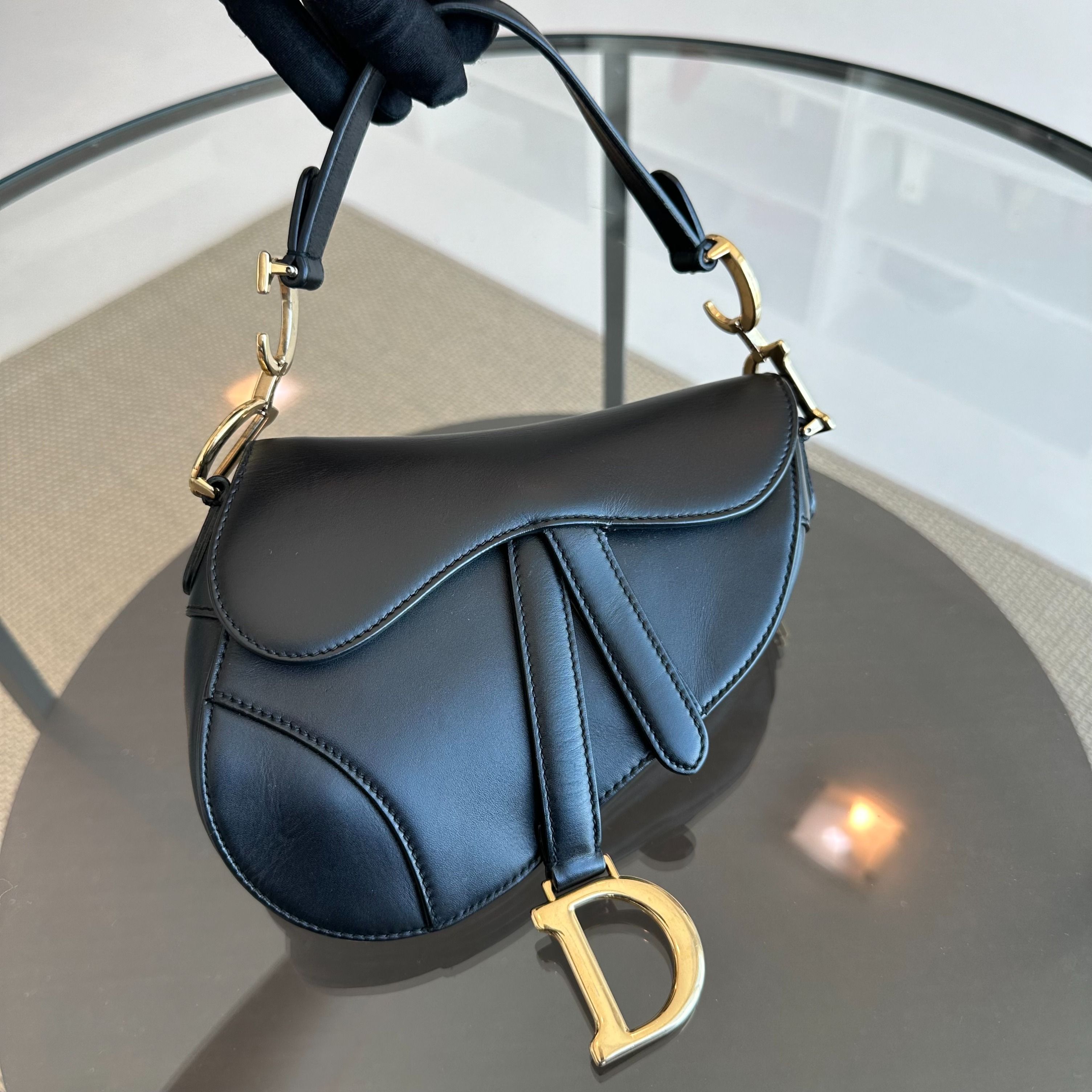 *With Strap* Dior Saddle Small 21CM Black Smooth Calfskin GHW Shoulder Bag - Luxury Evermore