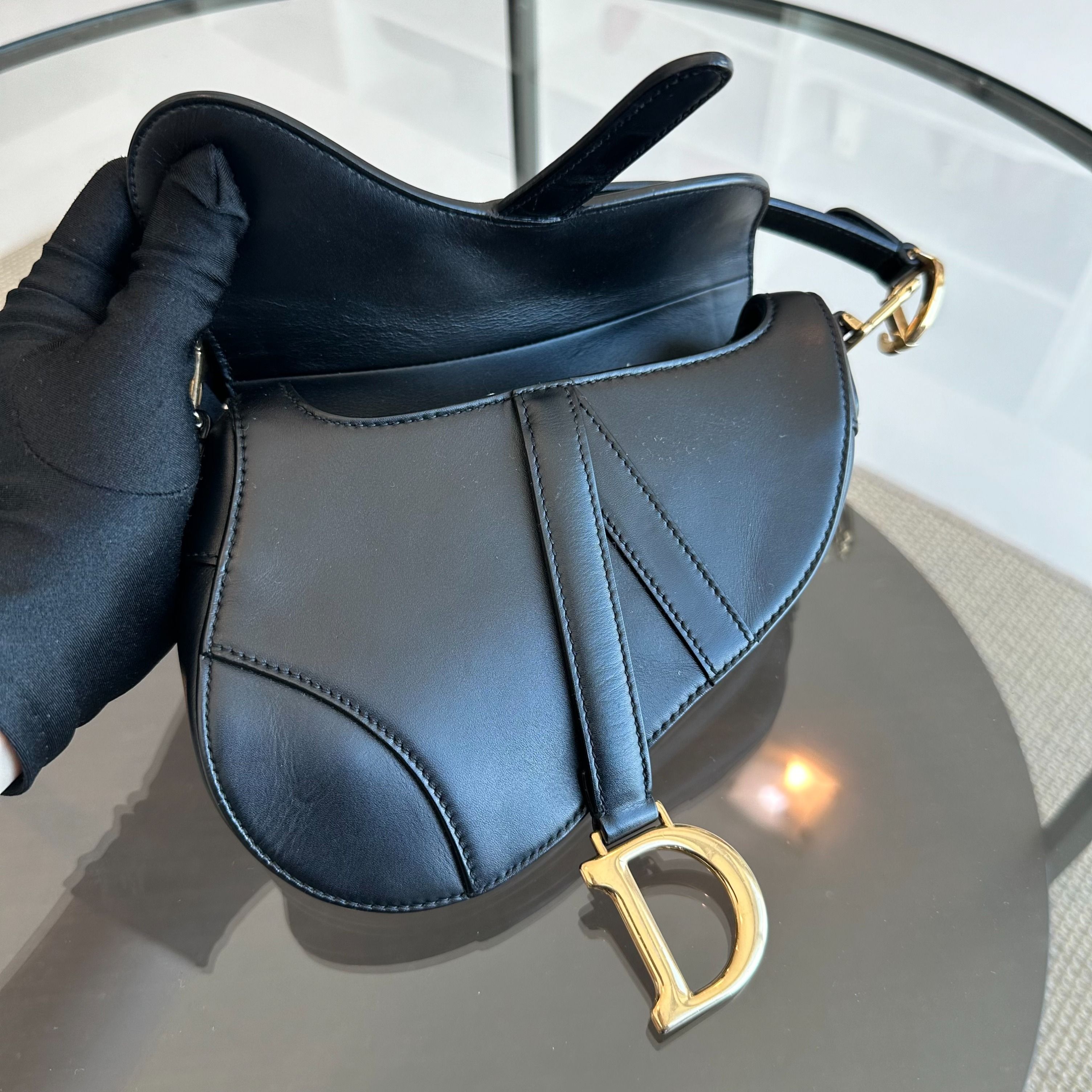 *With Strap* Dior Saddle Small 21CM Black Smooth Calfskin GHW Shoulder Bag - Luxury Evermore