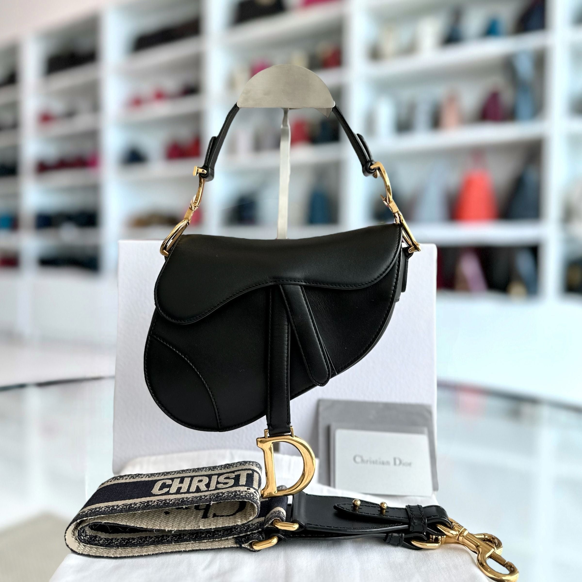 *With Strap* Dior Saddle Small 21CM Smooth Calfskin Black GHW Shoulder Bag - Luxury Evermore