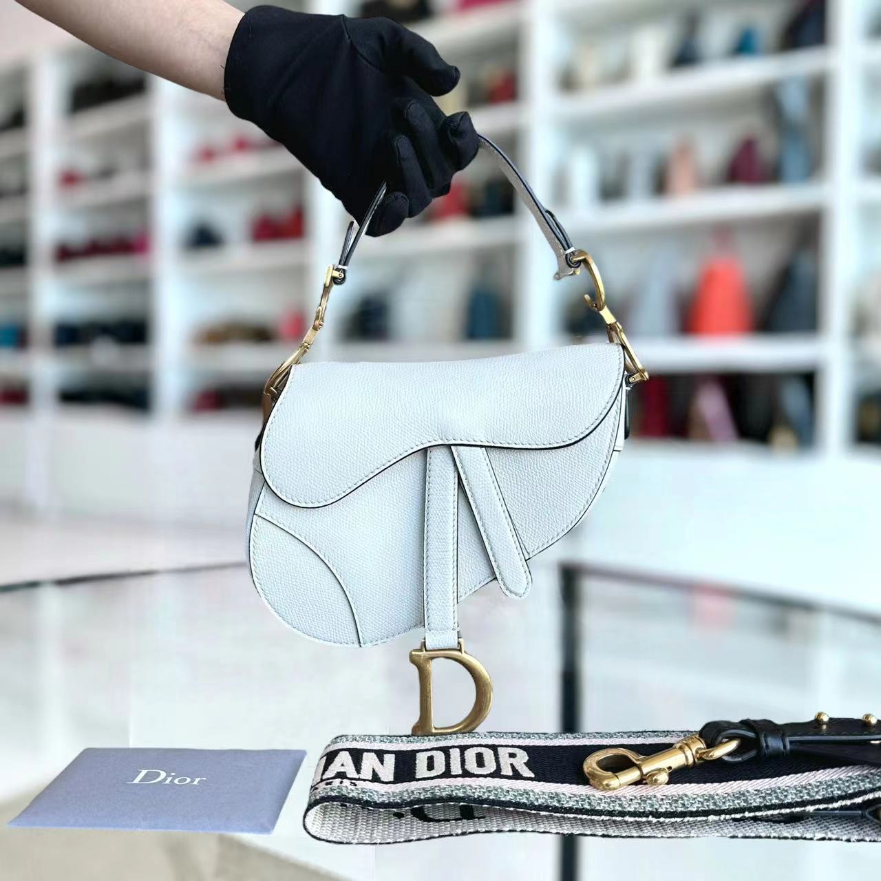 *With Strap, Grained Calfskin* Dior Saddle Small 21CM Grained Calfskin White GHW - Luxury Evermore