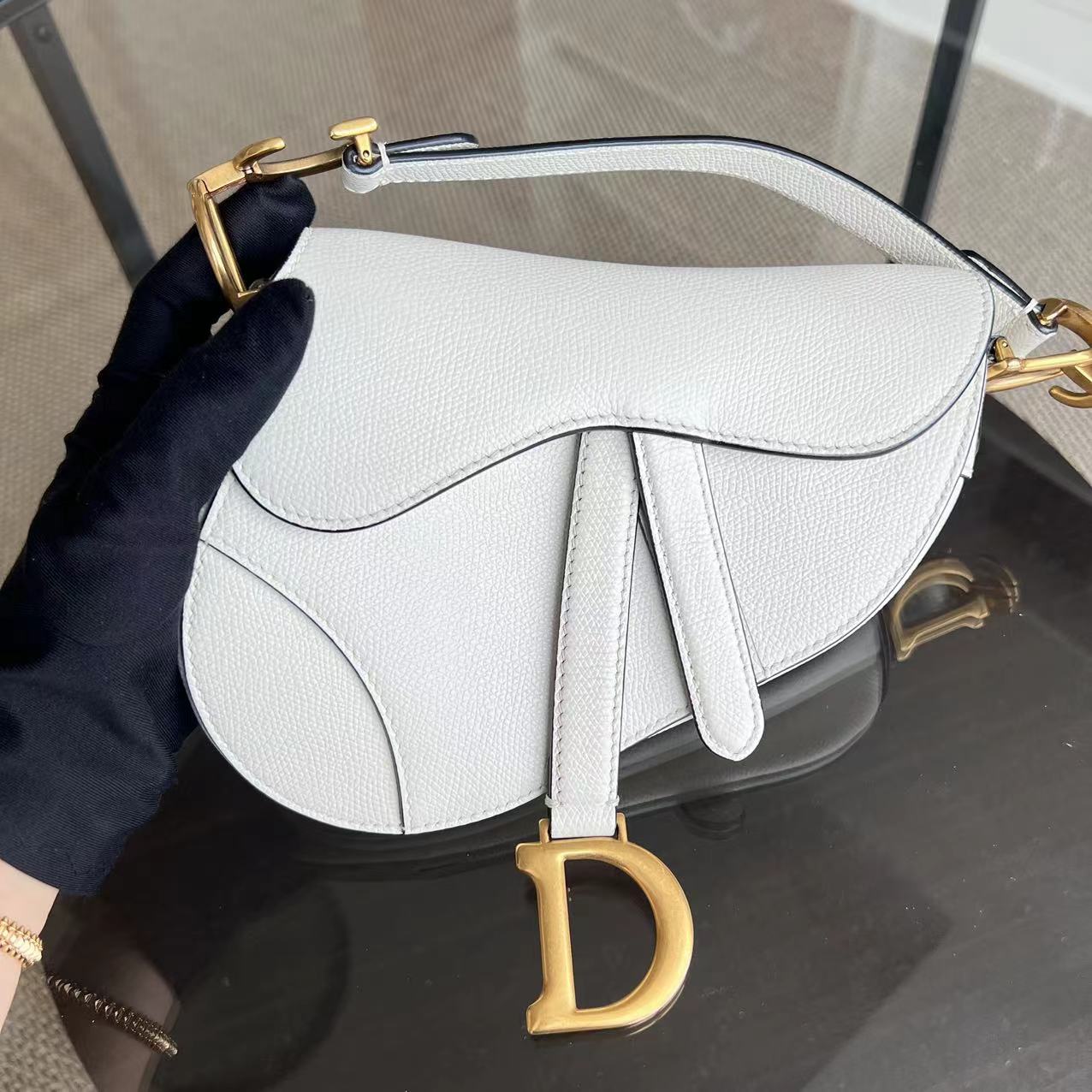 *With Strap, Grained Calfskin* Dior Saddle Small 21CM Grained Calfskin White GHW - Luxury Evermore