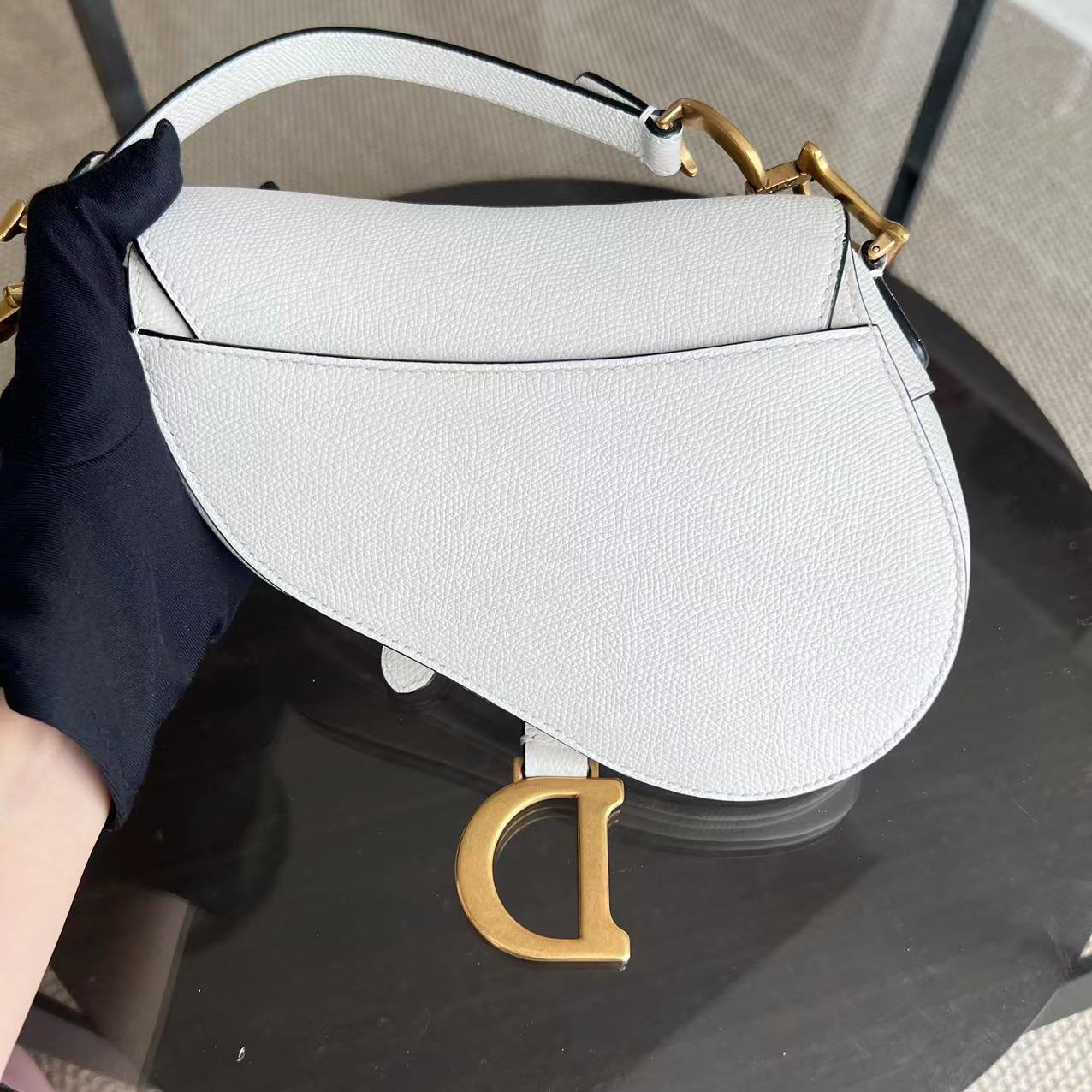 *With Strap, Grained Calfskin* Dior Saddle Small 21CM Grained Calfskin White GHW - Luxury Evermore