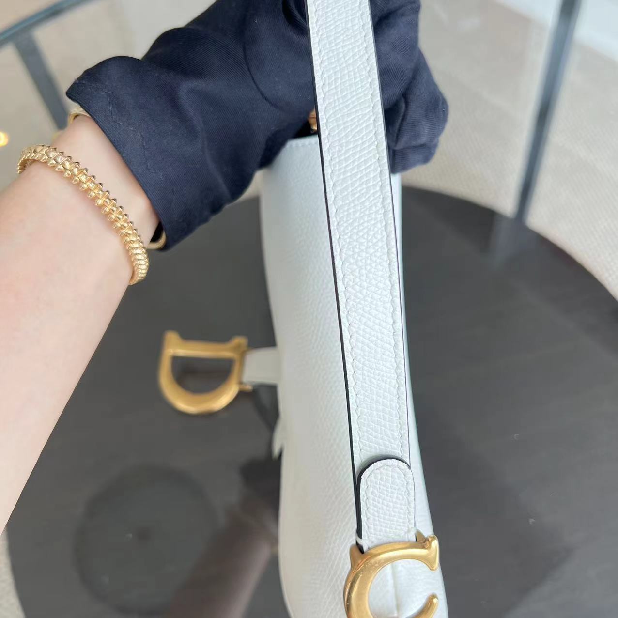 *With Strap, Grained Calfskin* Dior Saddle Small 21CM Grained Calfskin White GHW - Luxury Evermore