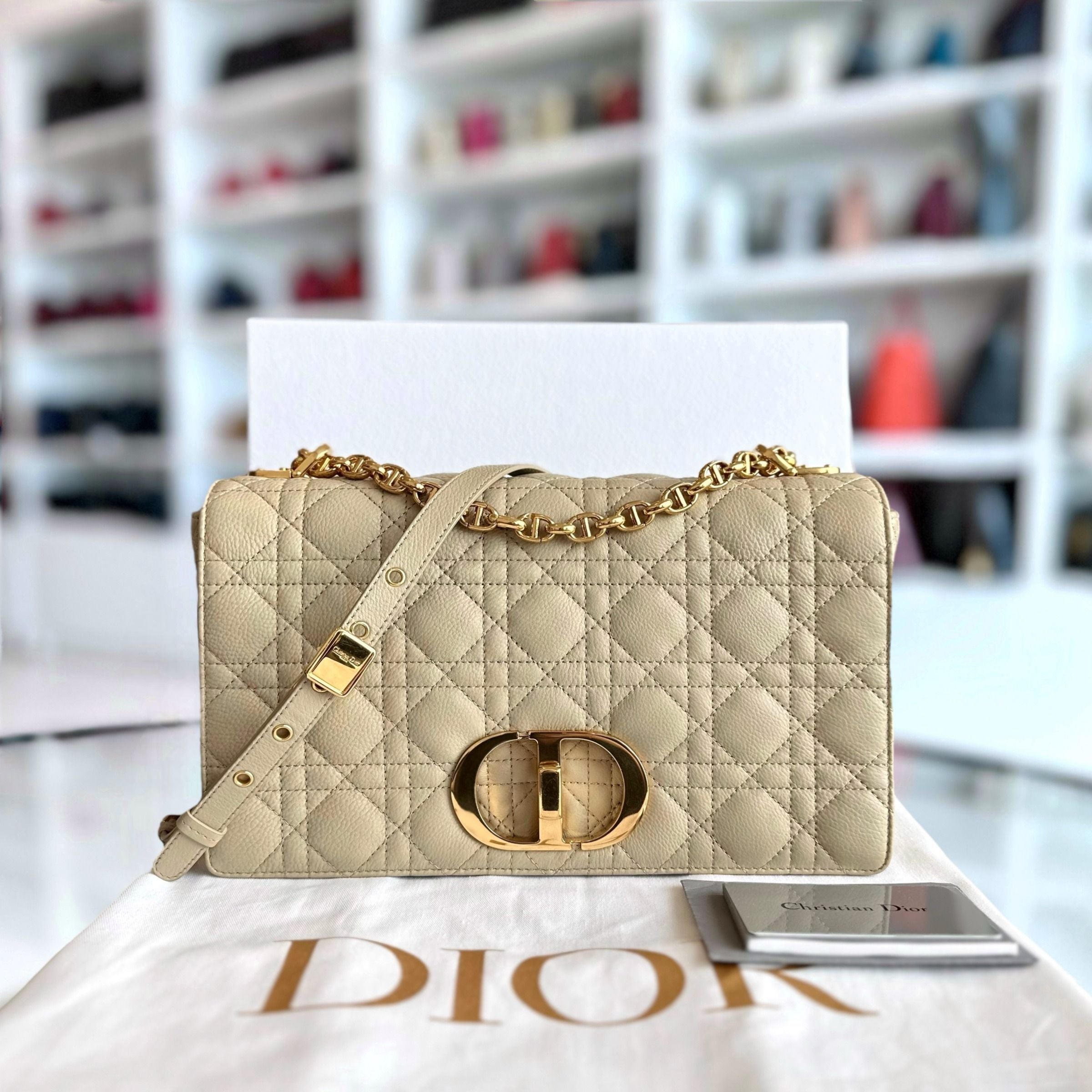 *Year 2022* Dior Caro Large Flap Cannage Grained Calfskin Beige GHW - Luxury Evermore