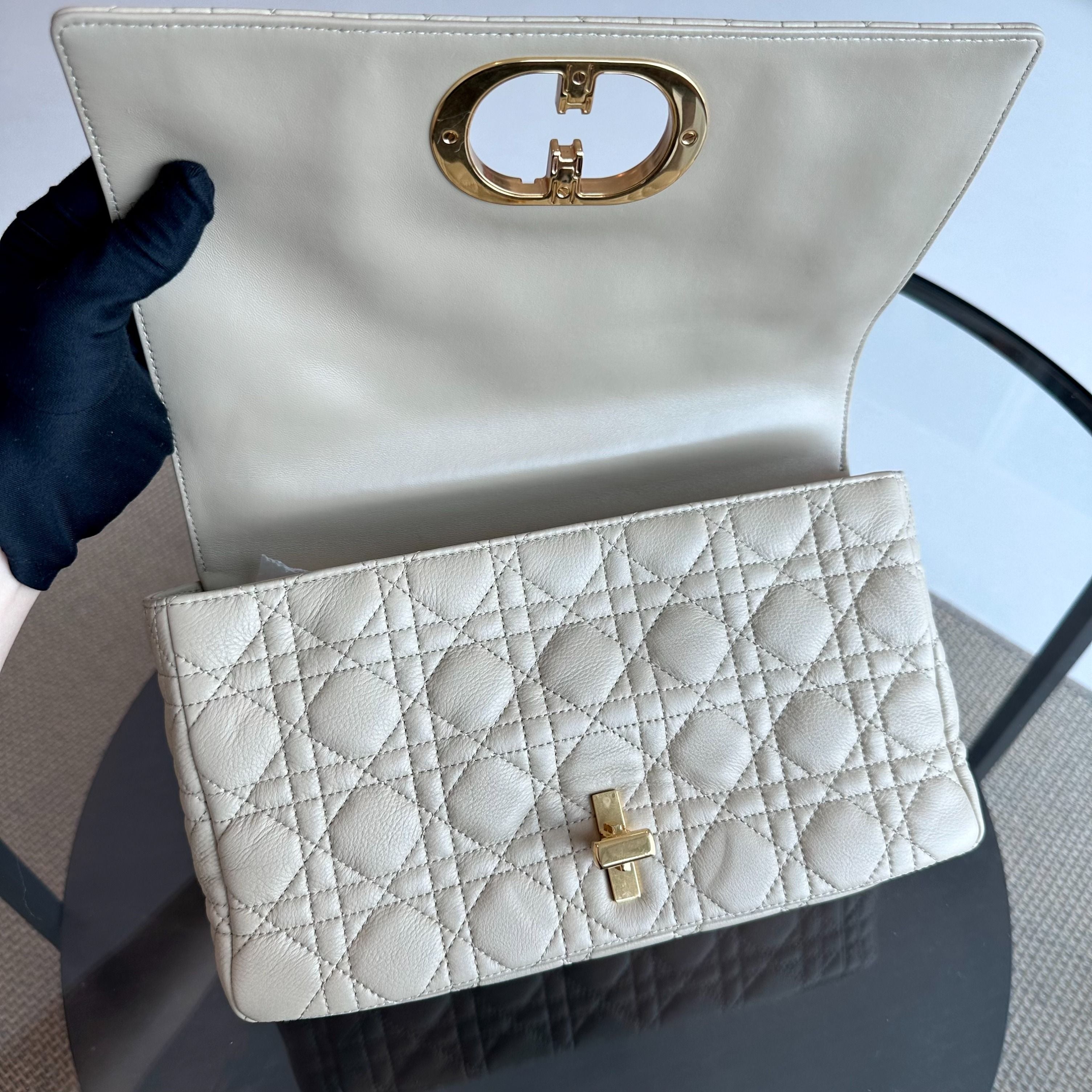 *Year 2022* Dior Caro Large Flap Cannage Grained Calfskin Beige GHW - Luxury Evermore