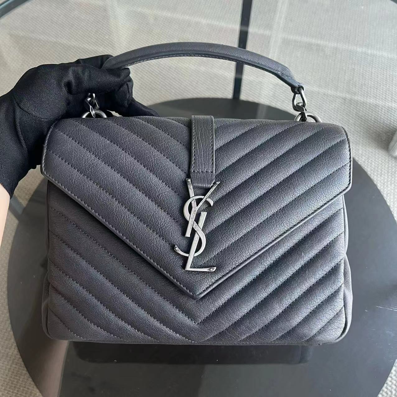 YSL College Medium Chevron Calfskin Grey Gray Leather Bag - Luxury Evermore