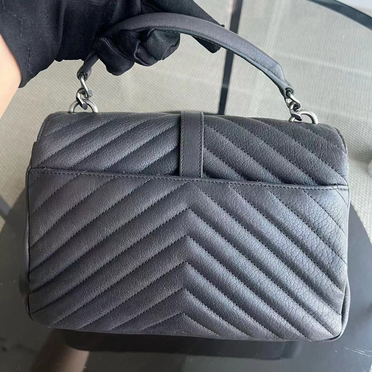 YSL College Medium Chevron Calfskin Grey Gray Leather Bag - Luxury Evermore