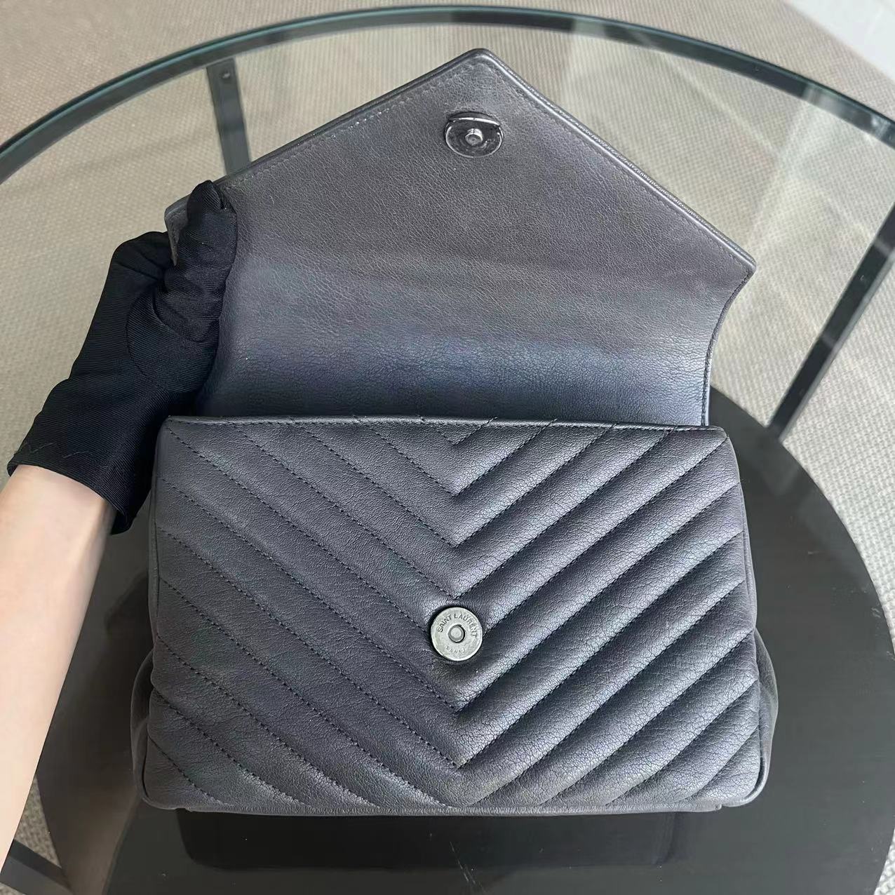 YSL College Medium Chevron Calfskin Grey Gray Leather Bag - Luxury Evermore